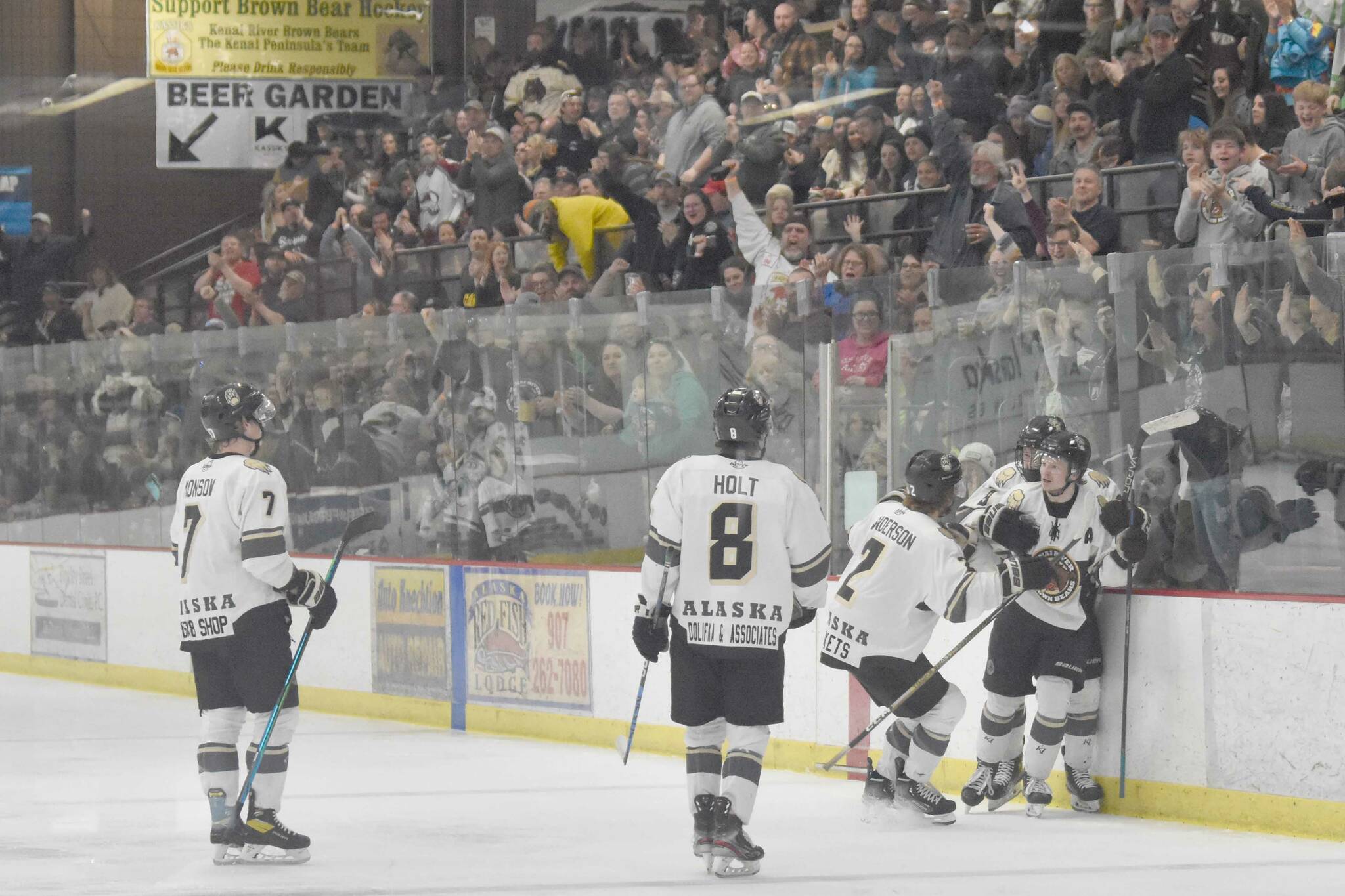 The Kenai River Brown Bears celebrate a second-period goal by Nick Stevens on Friday, April 28, 2023, at the Soldotna Regional Sports Complex in Soldotna, Alaska. (Photo by Jeff Helminiak)