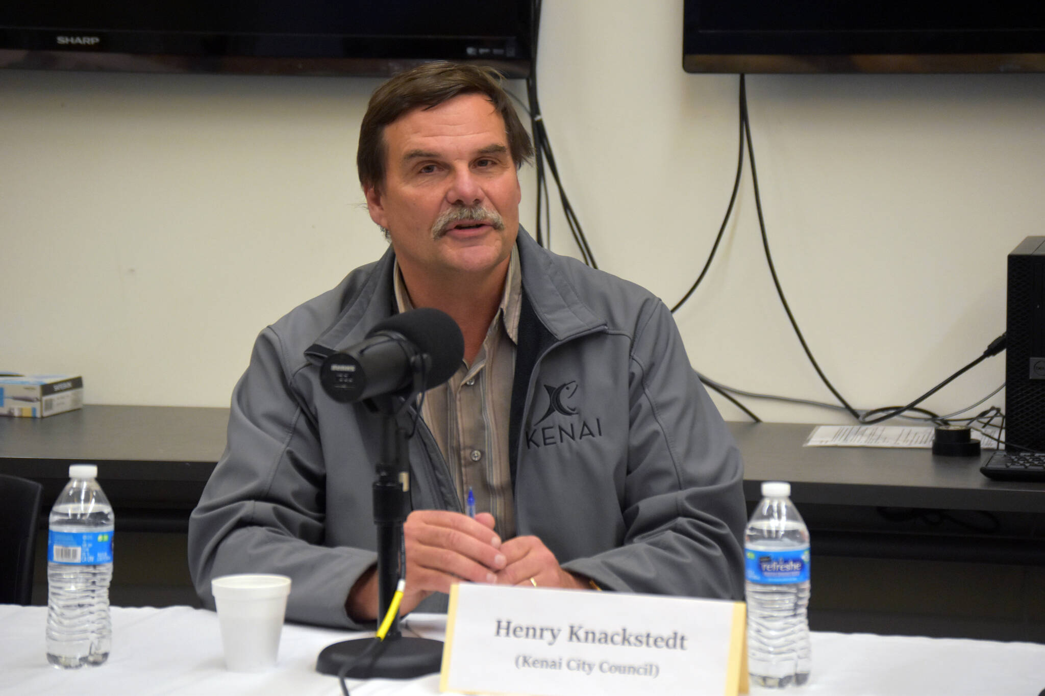 Henry Knackstedt participates in a Kenai City Council candidate forum at the Kenai Community Library in Kenai, Alaska, on Thursday, Sept. 7, 2023. (Jake Dye/Peninsula Clarion)