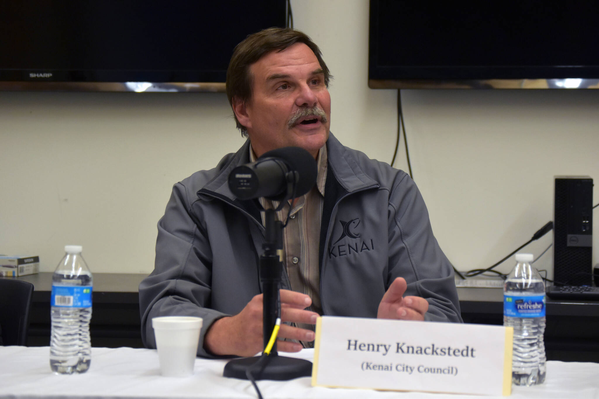 Henry Knackstedt participates in a Kenai City Council candidate forum at the Kenai Community Library in Kenai, Alaska, on Thursday, Sept. 7, 2023. (Jake Dye/Peninsula Clarion)
