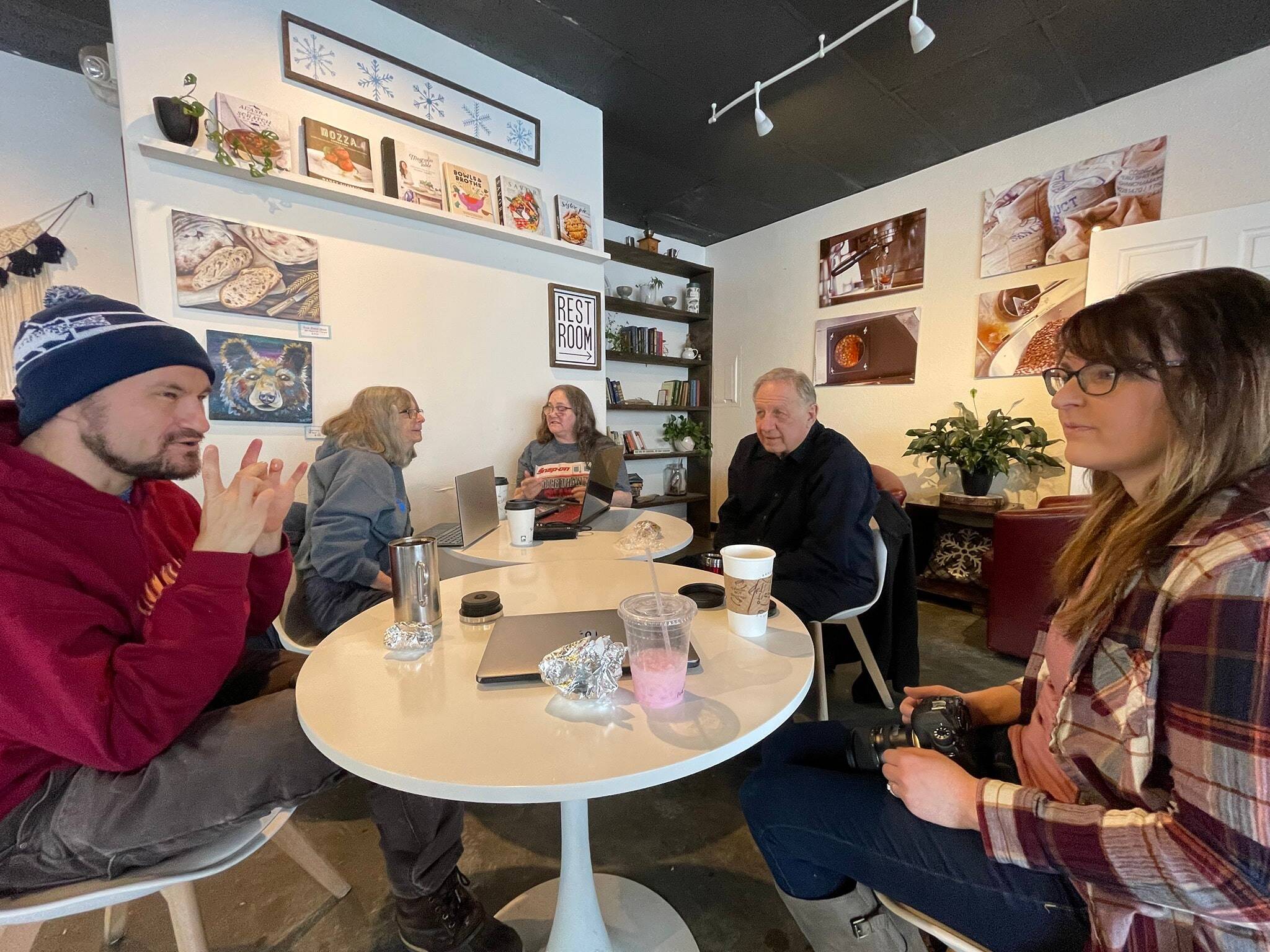 Members of Kenai Camera and Coffee meet at a local coffee shop. (photo courtesy Colette Gilmour)