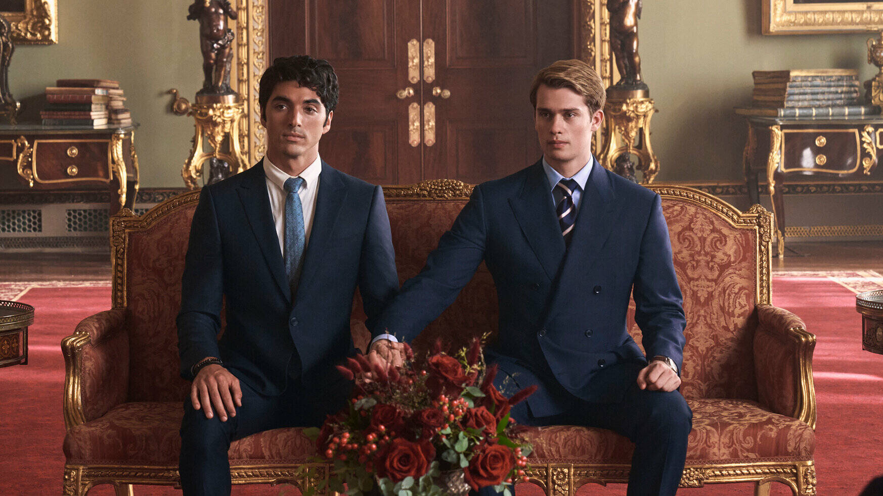 Taylor Zakhar Perez portrays Alex Claremont-Diaz and Nicholas Galitzine portrays Prince Henry in “Red, White and Royal Blue.” (Photo courtesy Amazon Studios)