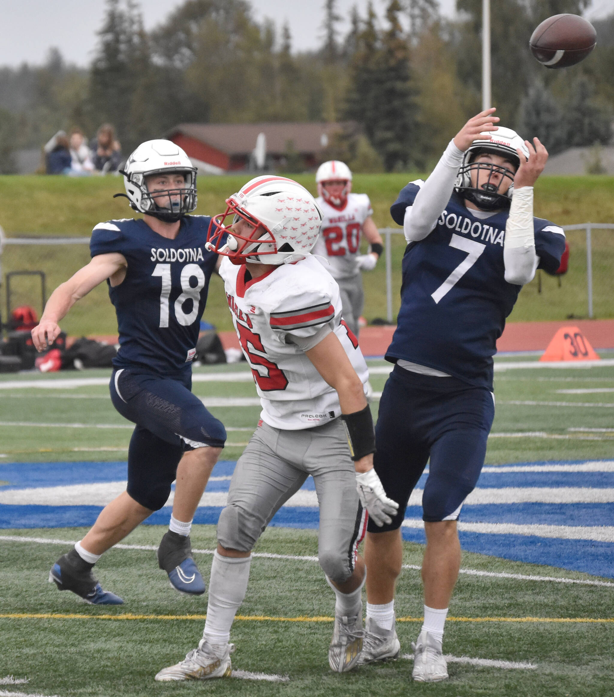 Soldotna’ Zac Buckbee defends a pass intended for Wasilla’s Keegan Feezell-Wild on Friday, Sept. 8, 2023, at Justin Maile Field at Soldotna High School in Soldotna, Alaska. (Photo by Jeff Helminiak/Peninsula Clarion)