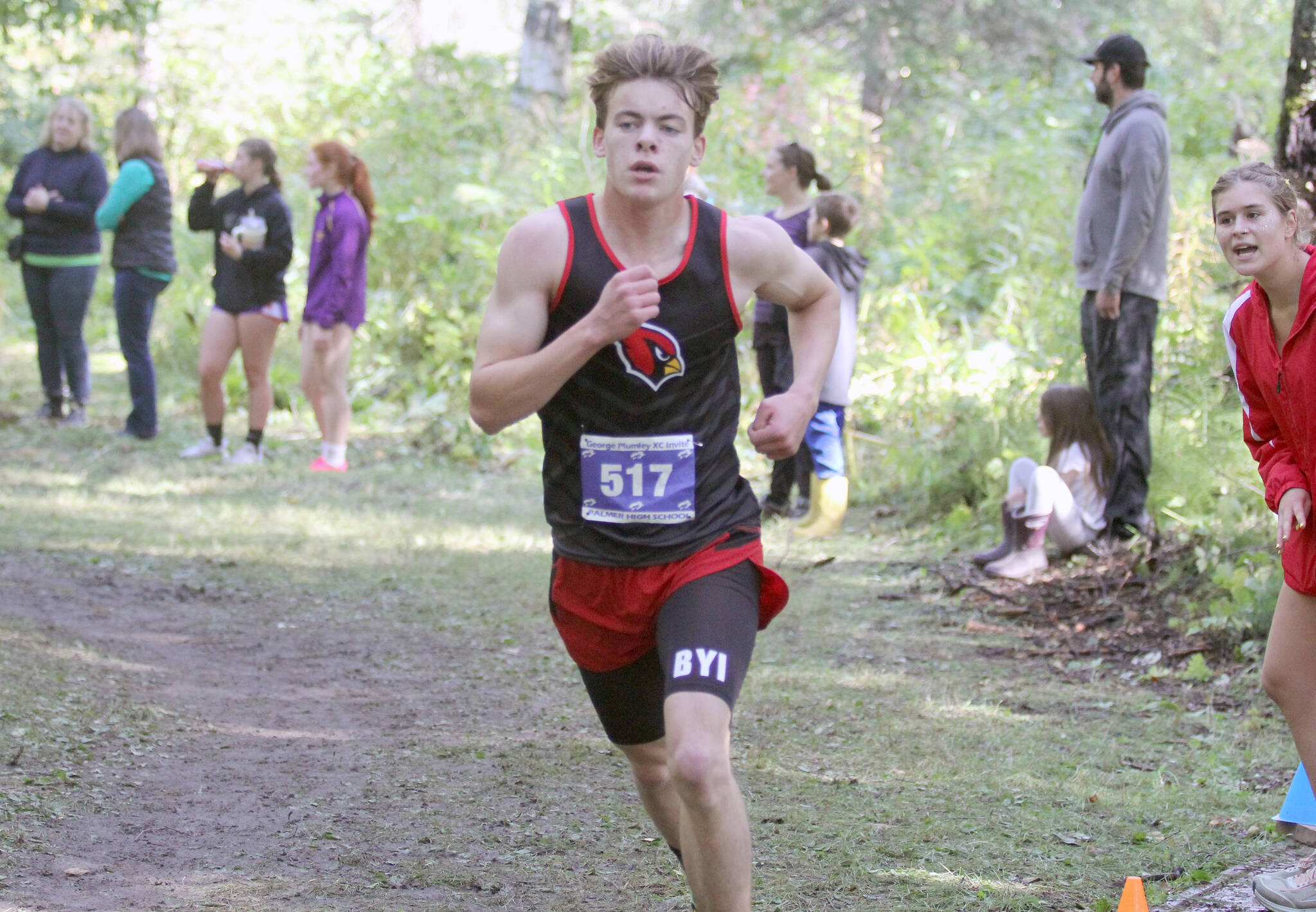 Kenai Central’s Greg Fallon competes during the boys varsity race of the George Plumley XC Invite on Saturday, Sept. 9, 2023, at Palmer High School in Palmer, Alaska. (Photo by Jeremiah Bartz/Frontiersman)