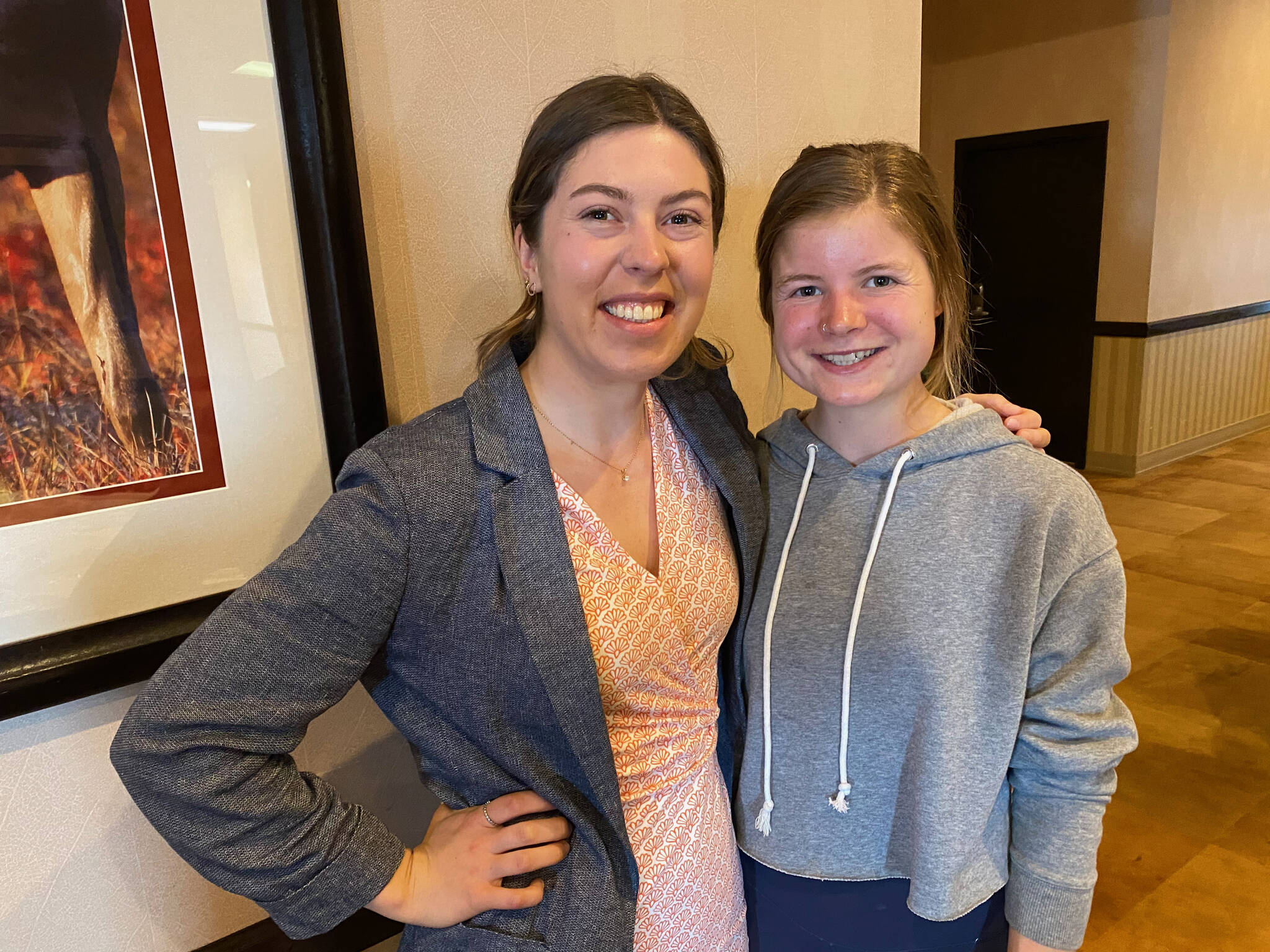 Izabelle Ith, left, stands with fellow 2023 ASAA Hall of Fame inductee Allie Ostrander, right on Sunday at the Hall of Fame induction ceremony in Anchorage, Sunday. (Courtesy Photo Tommy Thompson)