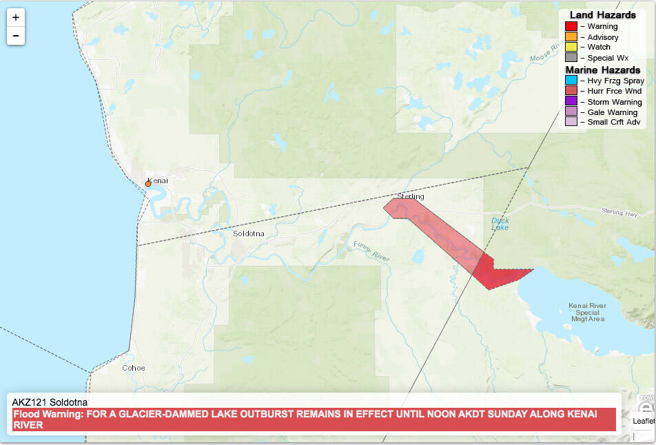 A flood warning is issued on Monday, Sept. 11, 2023, around the Kenai River near Sterling and Cooper Landing. (Photo courtesy National Weather Service)