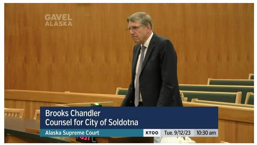 Brooks Chandler, attorney for the City of Soldotna, addresses the Alaska Supreme Court regarding Soldotna annexation during oral arguments on Tuesday, Sept. 12, 2023. (Screenshot via Gavel Alaska)