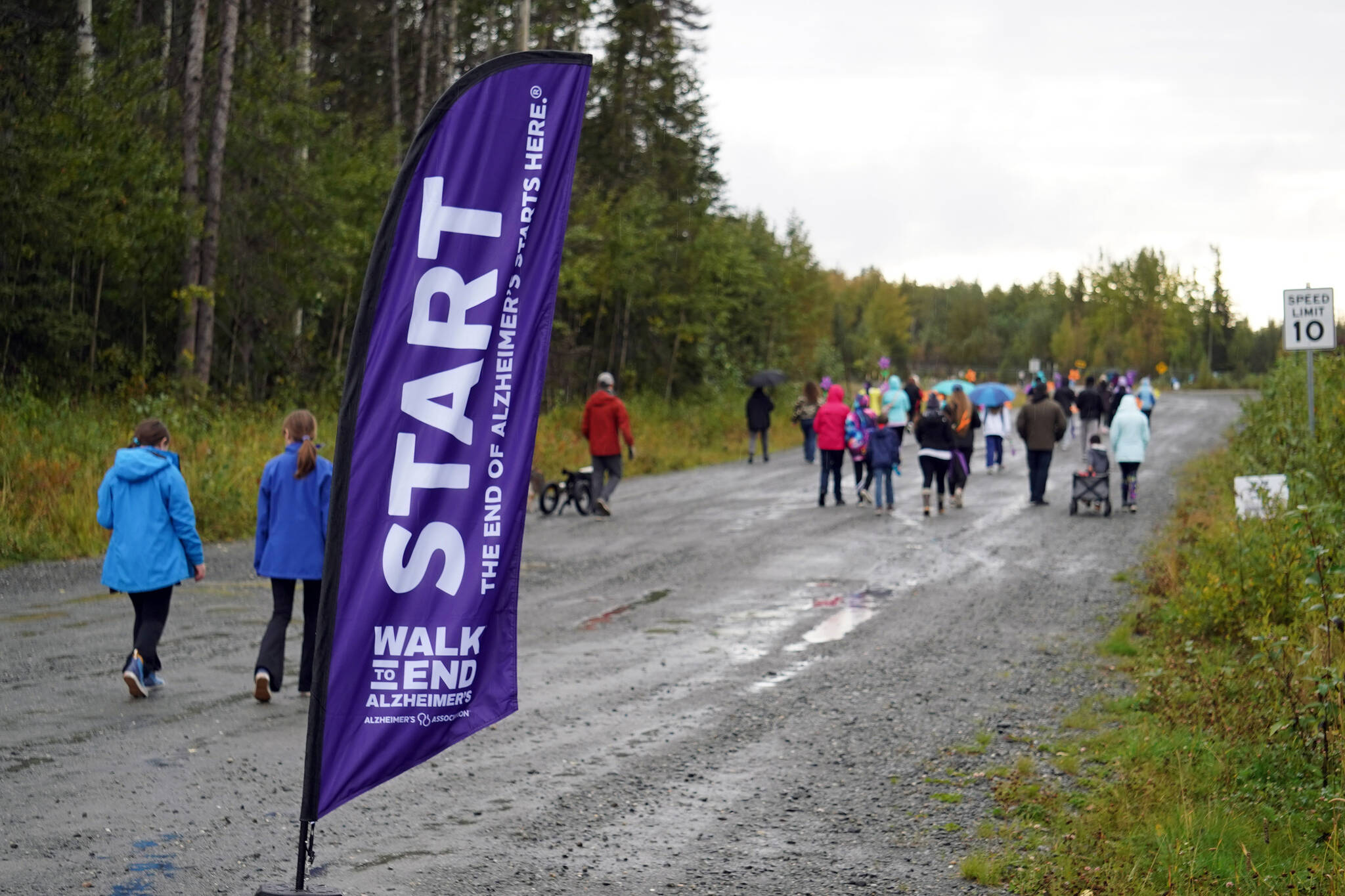 People set out on the Walk to End Alzheimer’s at the Soldotna Regional Sports Complex in Soldotna, Alaska, on Saturday, Sept. 16, 2023. (Jake Dye/Peninsula Clarion)