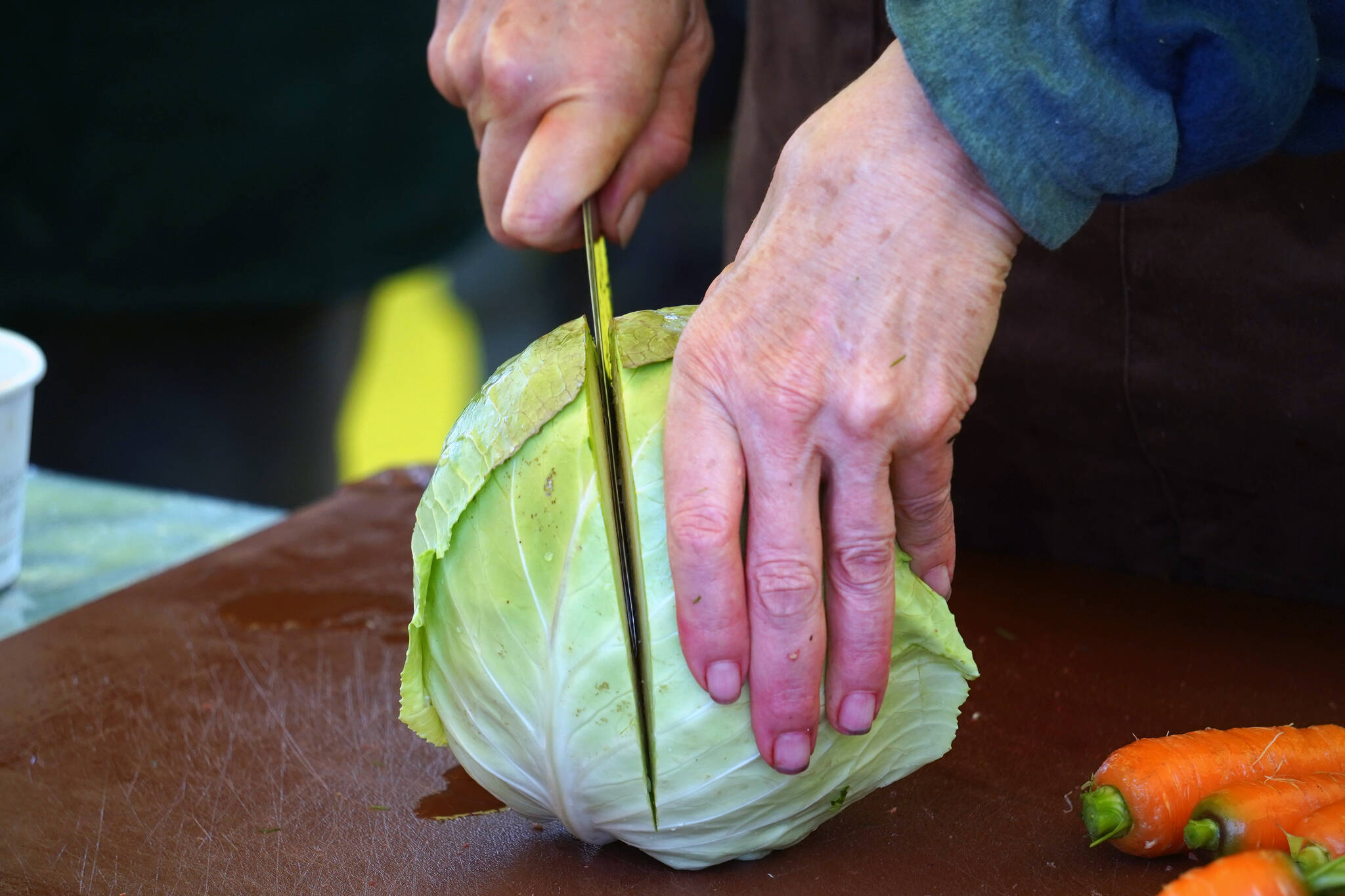 A head of lettuce is cut apart in preparation for preservation at the Harvest Moon Local Food Festival’s Fermentation Station at Soldotna Creek Park in Soldotna, Alaska, on Saturday, Sept. 16, 2023. (Jake Dye/Peninsula Clarion)