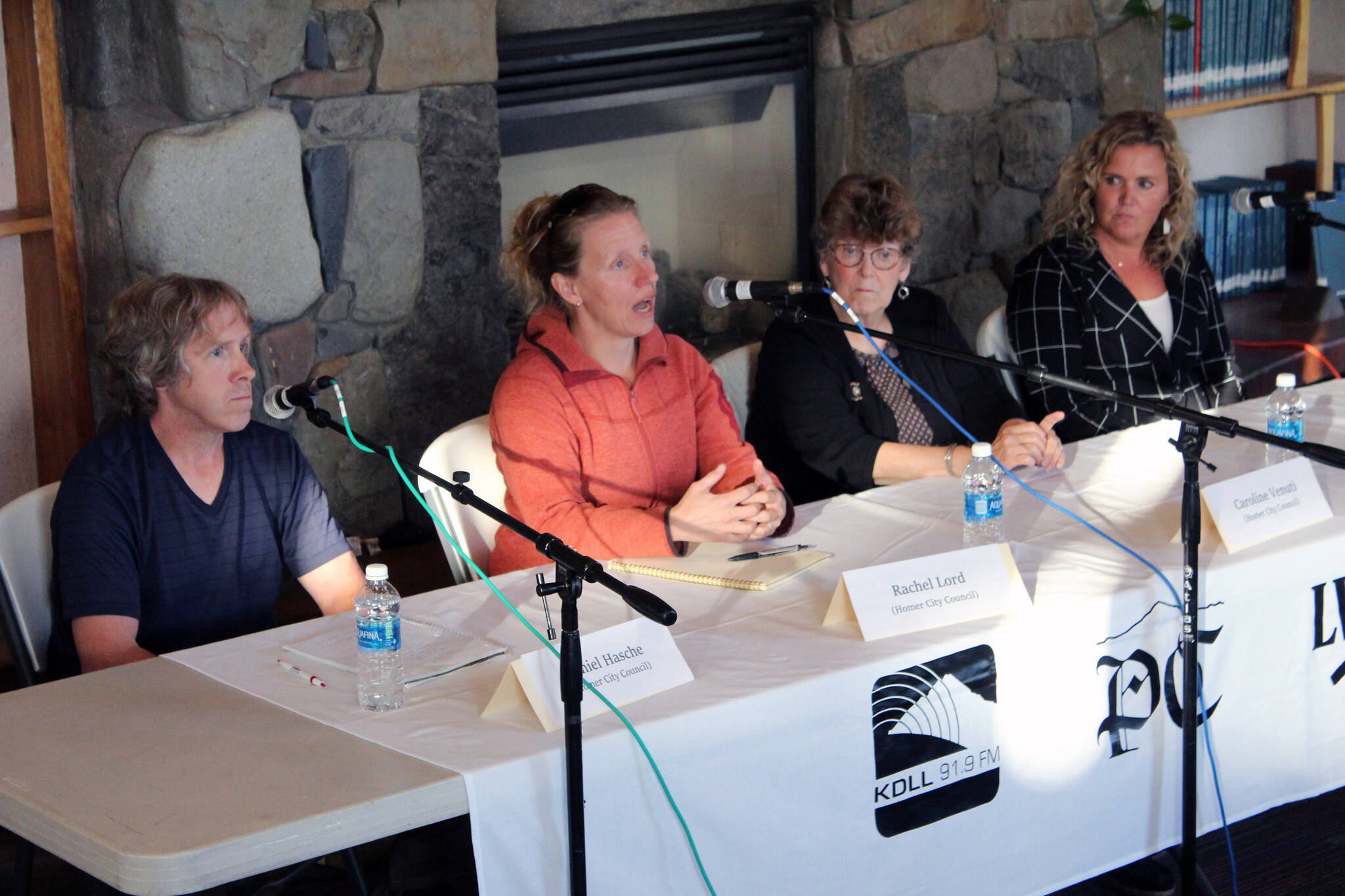 Daniel Hasche, Rachel Lord, Caroline Venuti and Joni Wise participate in a Homer City Council Candidate Forum at Homer Public Library in Homer, Alaska, on Monday, Sept. 18, 2023. (Jake Dye/Peninsula Clarion)