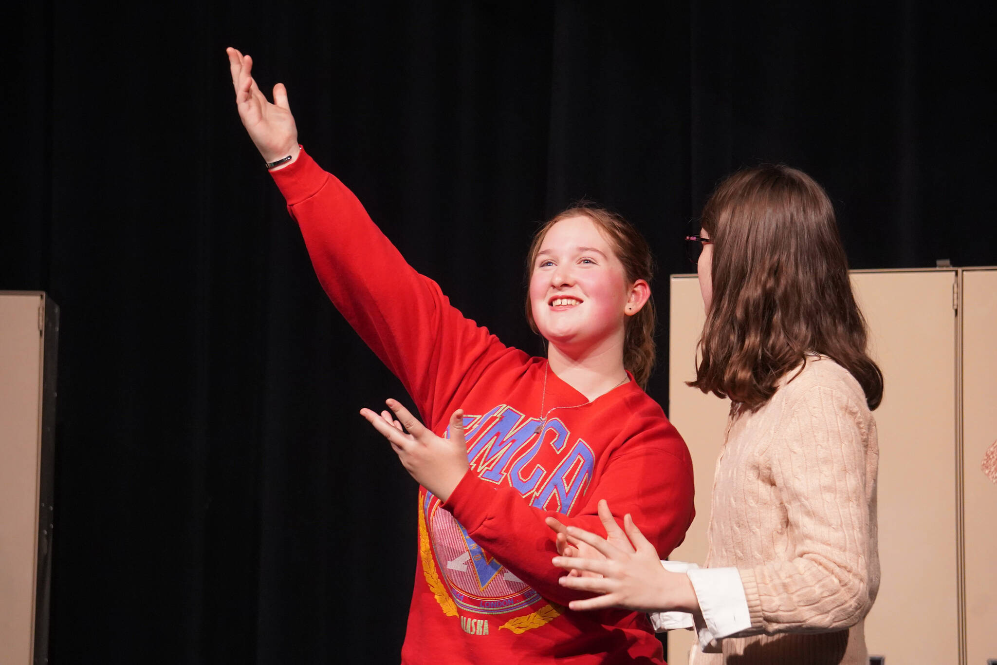 Lily Craig and Rainy Jenness rehearse “Lockers” at Nikiski Middle/High School in Nikiski, Alaska, on Tuesday, Sept. 19, 2023. (Jake Dye/Peninsula Clarion)