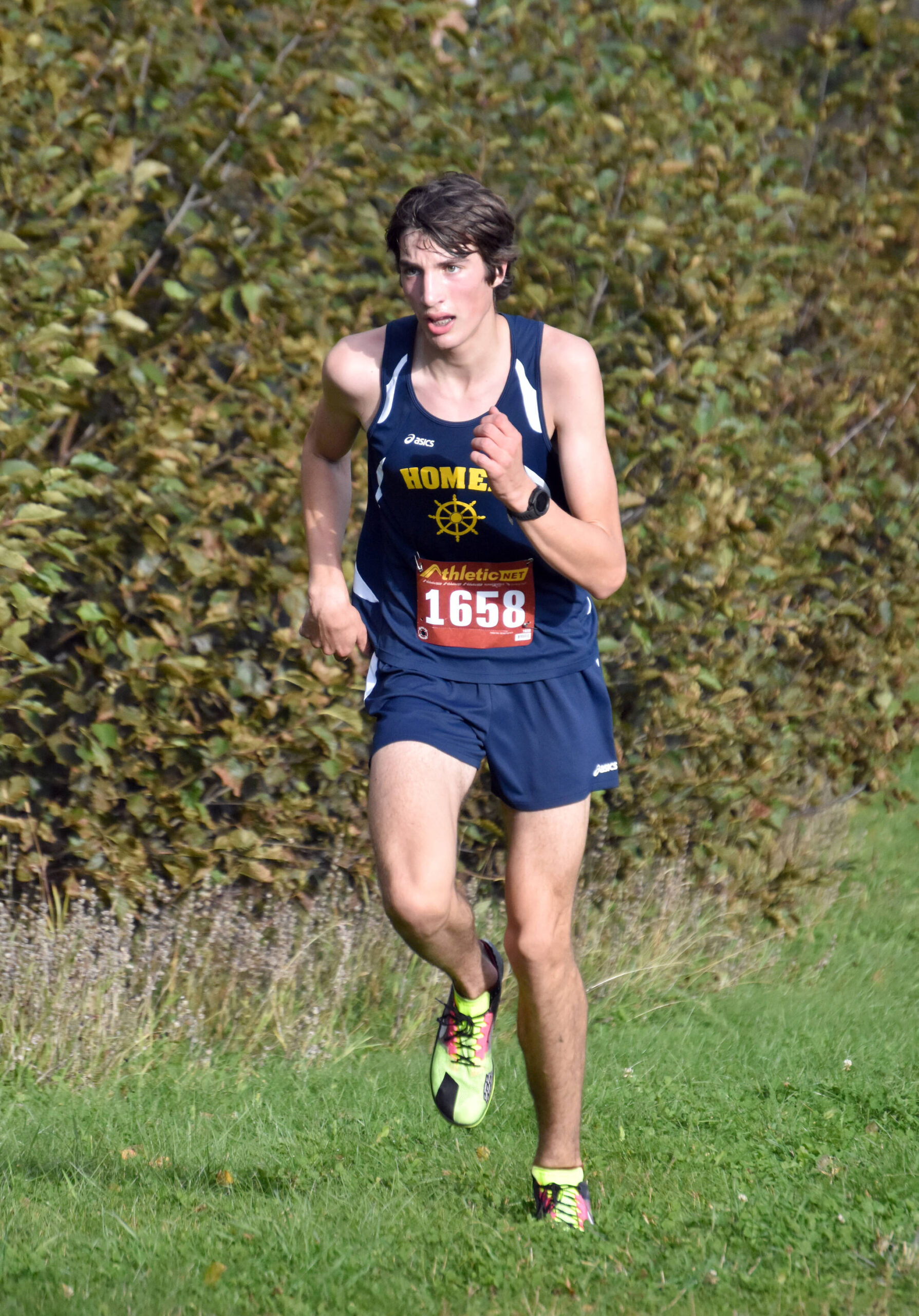 Homer’s Johannes Bynagle finishes second in the Kenai Peninsula Borough boys varsity race Thursday, Sept. 21, 2023, at Tsalteshi Trails just outside of Soldotna, Alaska. (Photo by Jeff Helminiak/Peninsula Clarion)