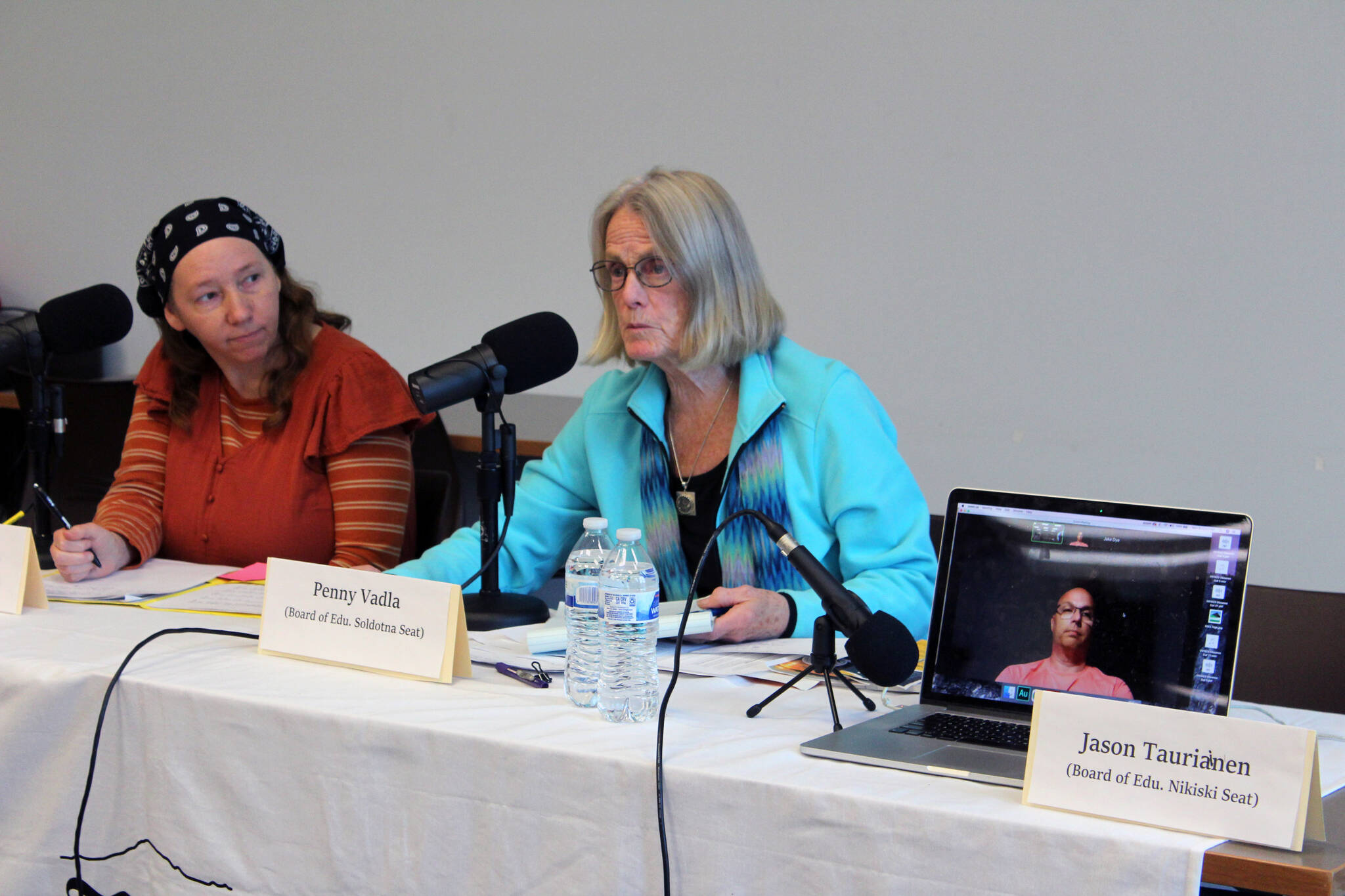 Lyndsey Bertoldo, Penny Vadla and Jason Tauriainen participate in a Kenai Peninsula Borough School District Board of Education candidate forum at the Soldotna Public Library in Soldotna, Alaska, on Monday, Sept. 25, 2023. (Jake Dye/Peninsula Clarion)