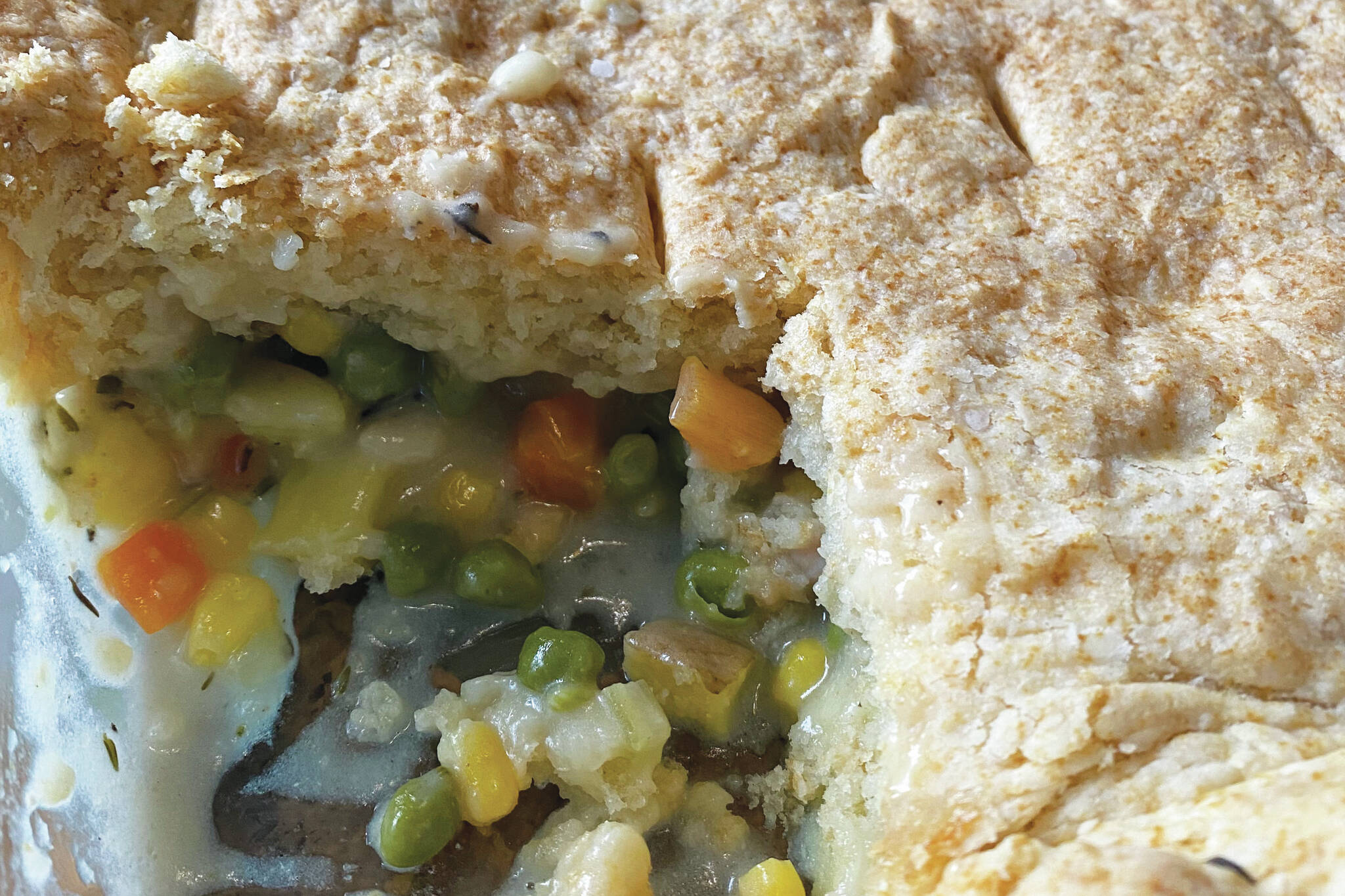 Shredded chicken and vegetables are topped with a butter crust in this classic chicken pot pie. (Photo by Tressa Dale/Peninsula Clarion)
