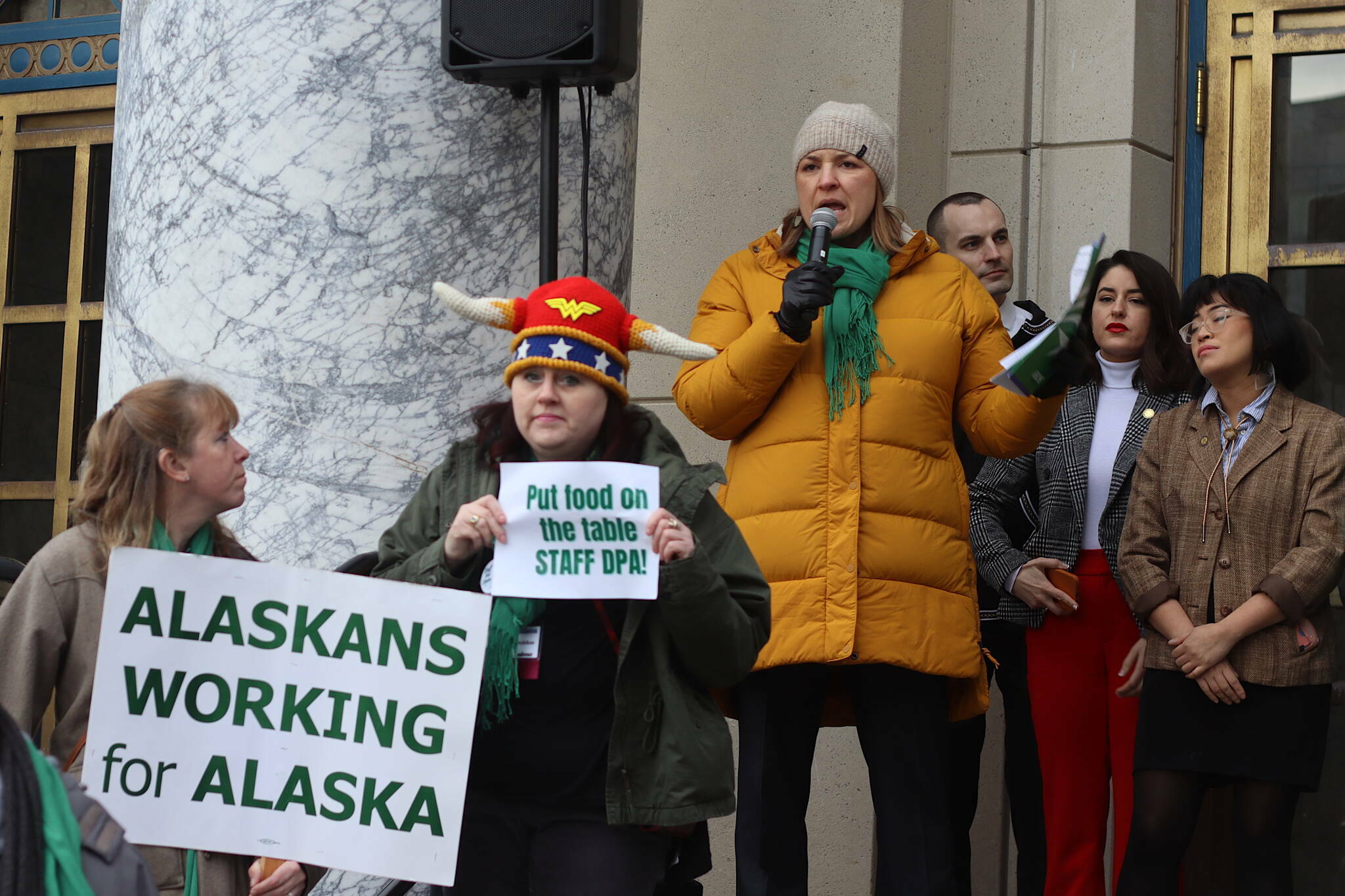 Heidi Drygas, executive director of the 8,000-member Alaska State Employees Association, addresses a rally outside the Alaska State Capitol on Feb. 10, 2023. (Mark Sabbatini / Juneau Empire File)