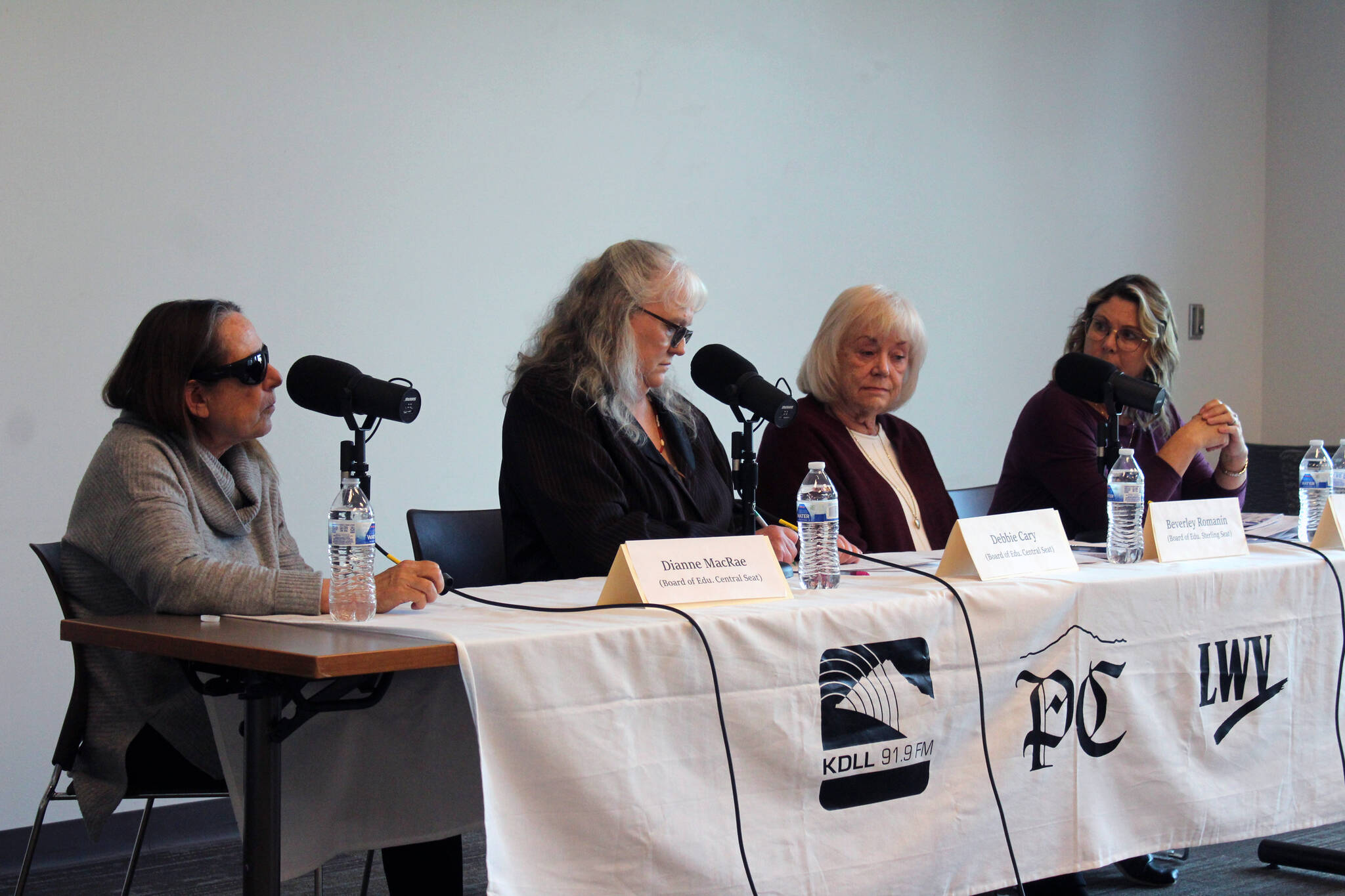 Dianne MacRae, Debbie Cary, Beverley Romanin and Kelley Cizek participate in a Kenai Peninsula Borough School District Board of Education candidate forum at Soldotna Public Library in Soldotna, Alaska, on Thursday, Sept. 28, 2023. (Jake Dye/Peninsula Clarion)