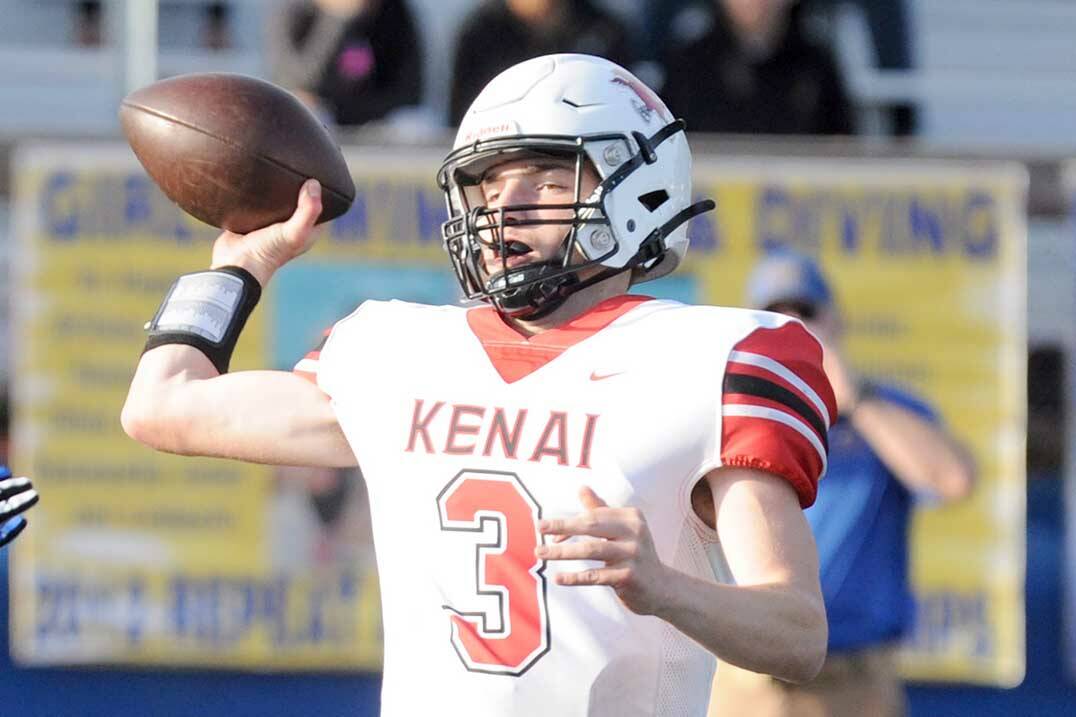 Kenai Central quarterback Zeke Yragui throws against Kodiak on Friday, Sept. 29, 2023, at Kodiak High School in Kodiak, Alaska. (Photo by Derek Clarkston/Kodiak Daily Mirror)