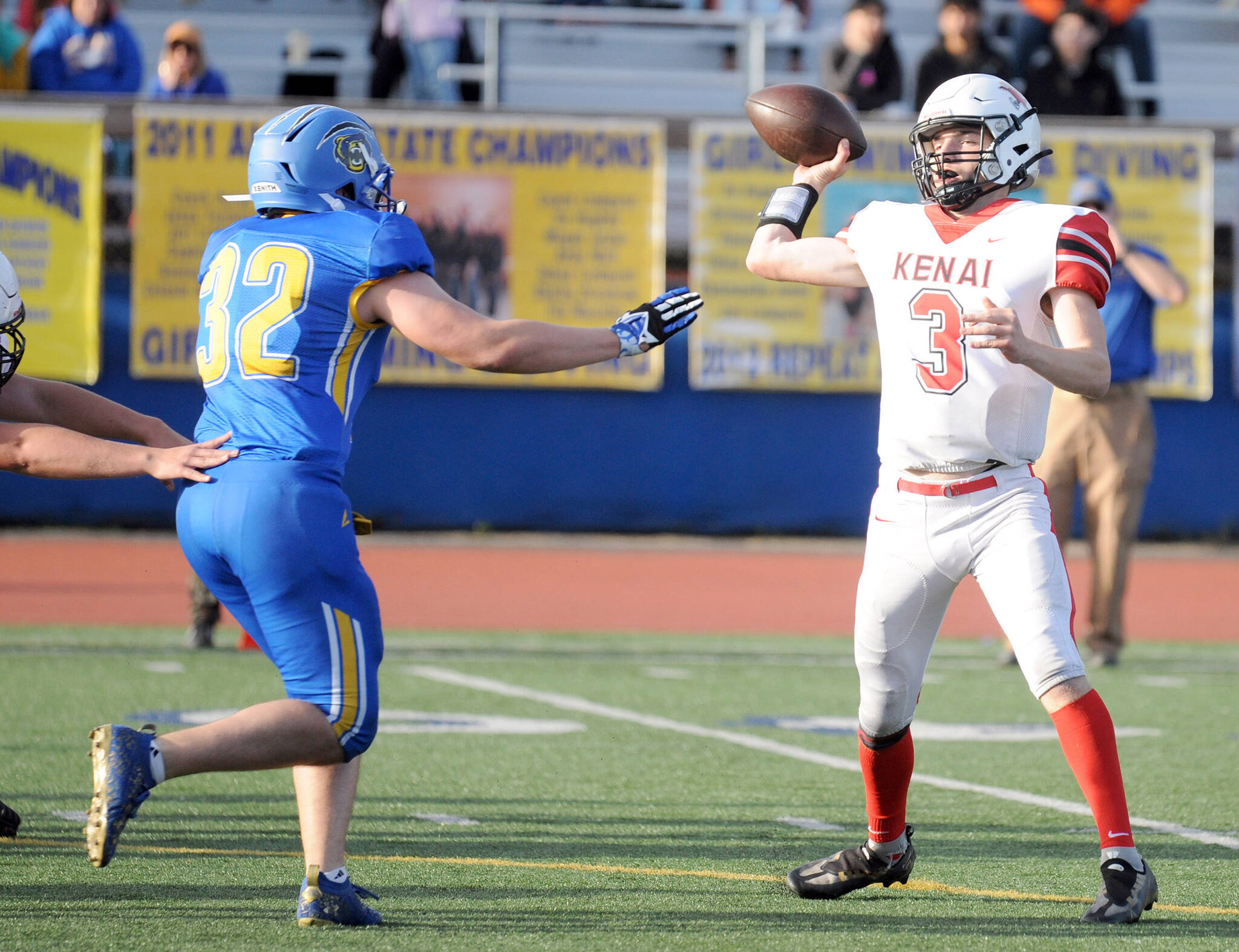 Kenai Central quarterback Zeke Yragui throws against Kodiak on Friday, Sept. 29, 2023, at Kodiak High School in Kodiak, Alaska. (Photo by Derek Clarkston/Kodiak Daily Mirror)