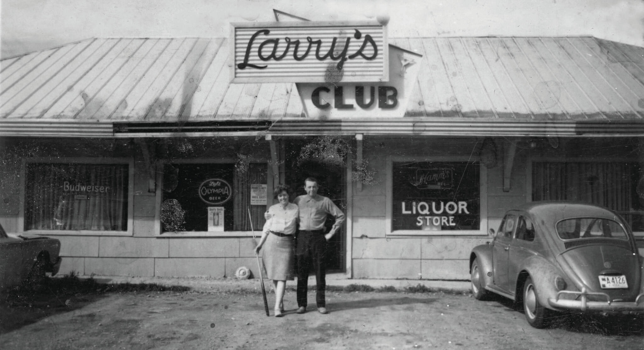 Photo courtesy of the Lancashire Family Collection
Rusty and Larry Lancashire pose out in front of Larry’s Club, located about a mile north of Kenai, circa the mid-1960s.