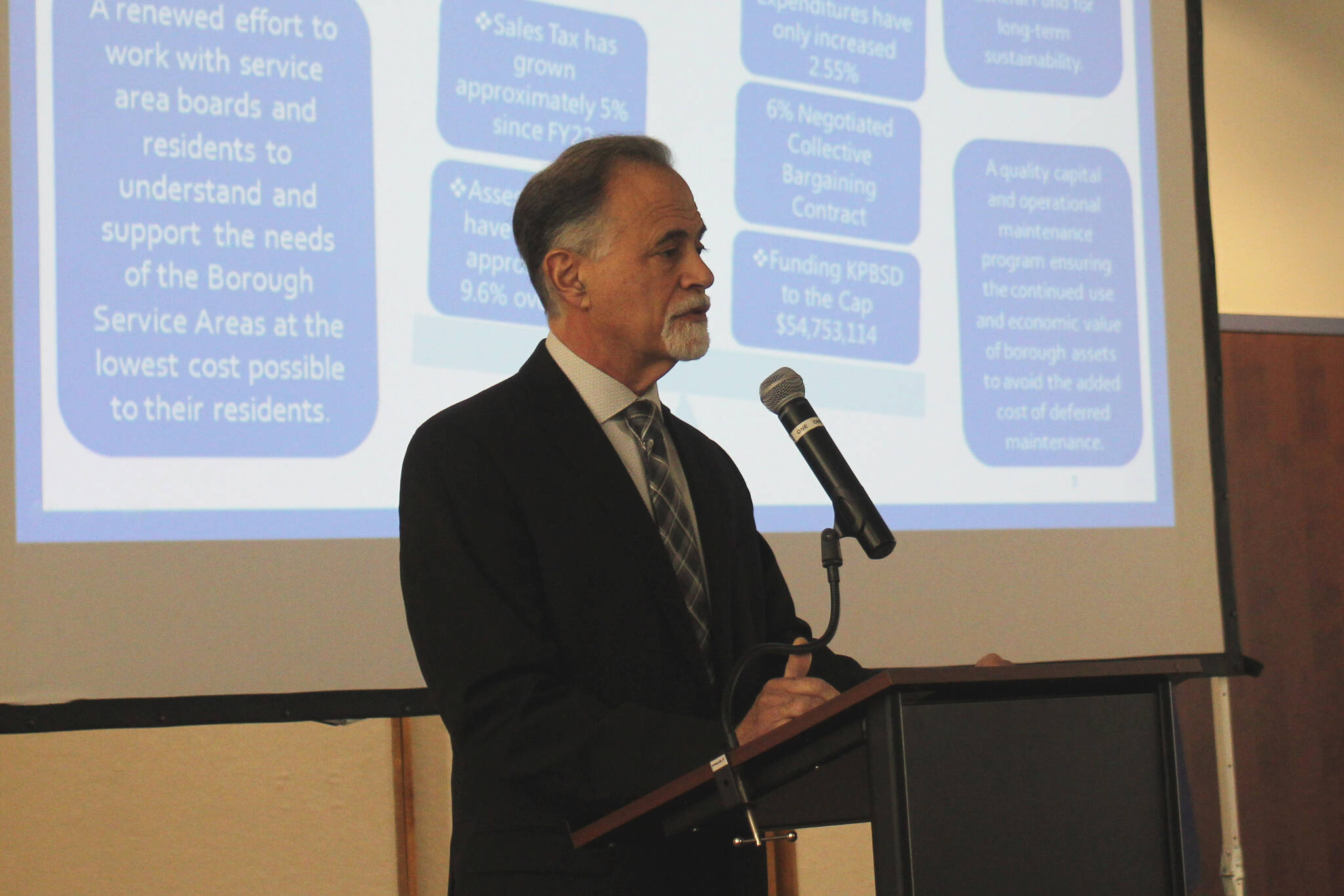 Kenai Peninsula Borough Mayor Peter Micciche presents information about the borough during a chamber luncheon on Thursday, Oct. 5, 2023 in Kenai, Alaska. (Ashlyn O’Hara/Peninsula Clarion)