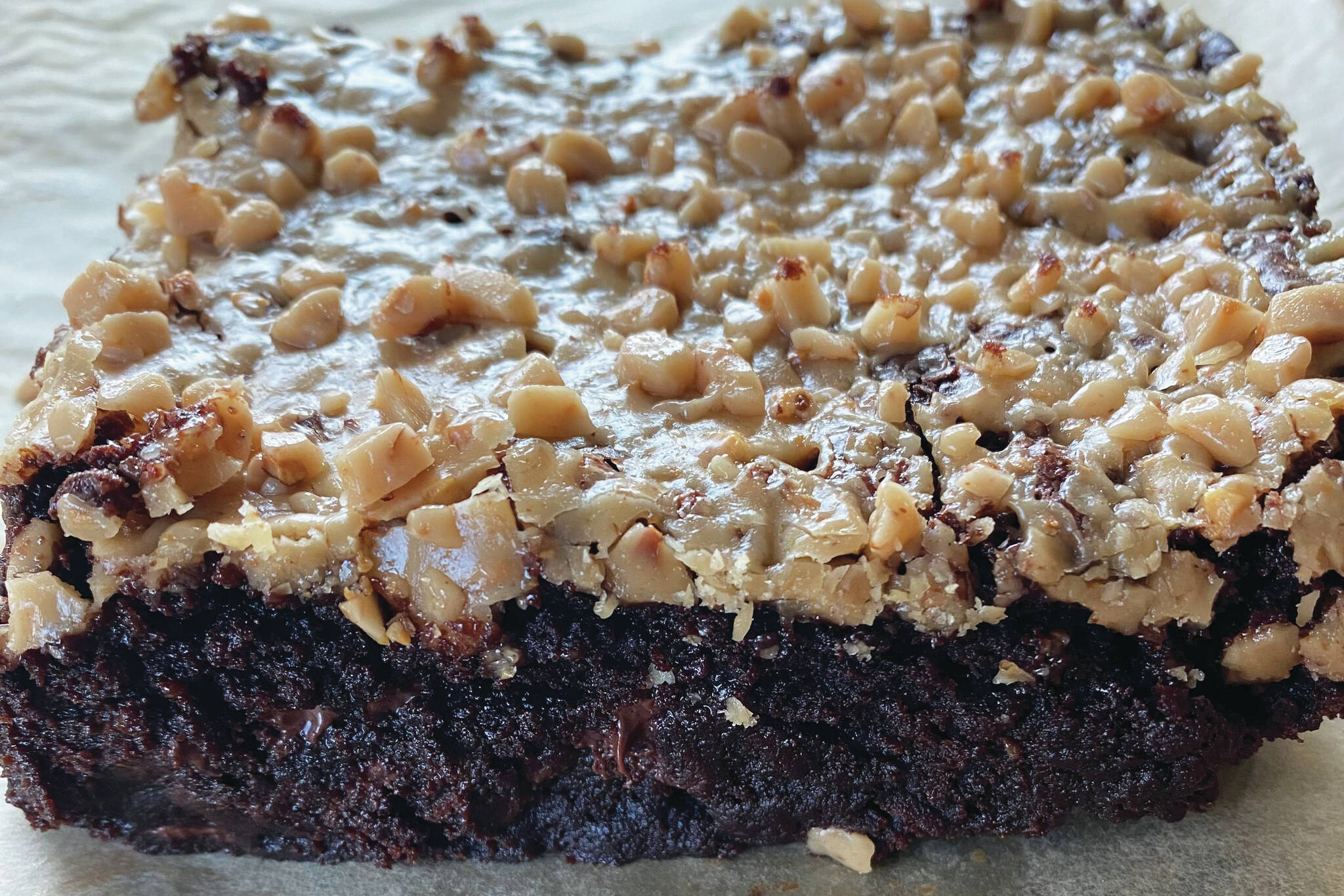 These dark and decadent chocolate brownies have a crunchy toffee topping. (Photo by Tressa Dale/Peninsula Clarion)