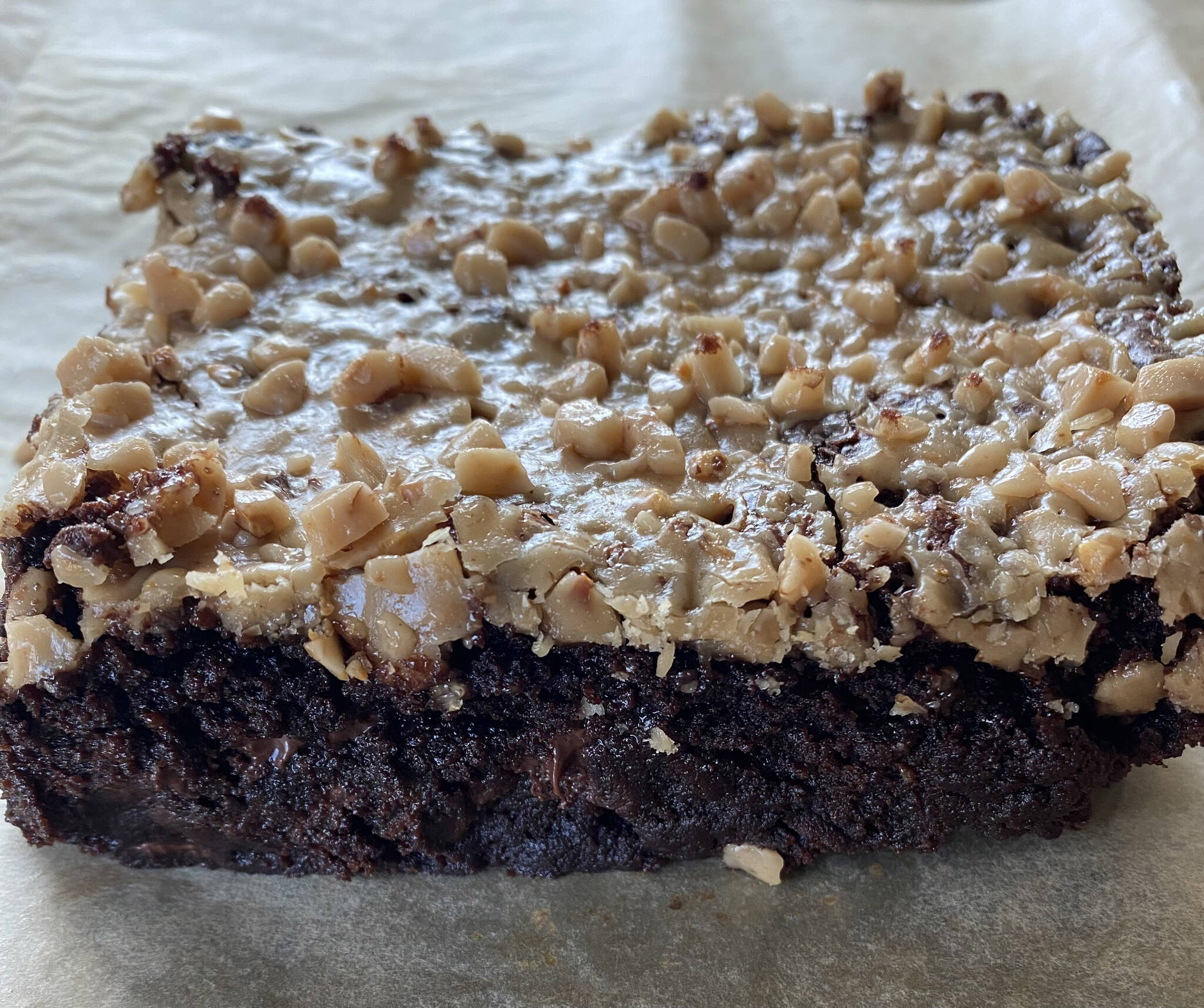 These dark and decadent chocolate brownies have a crunchy toffee topping. (Photo by Tressa Dale/Peninsula Clarion)