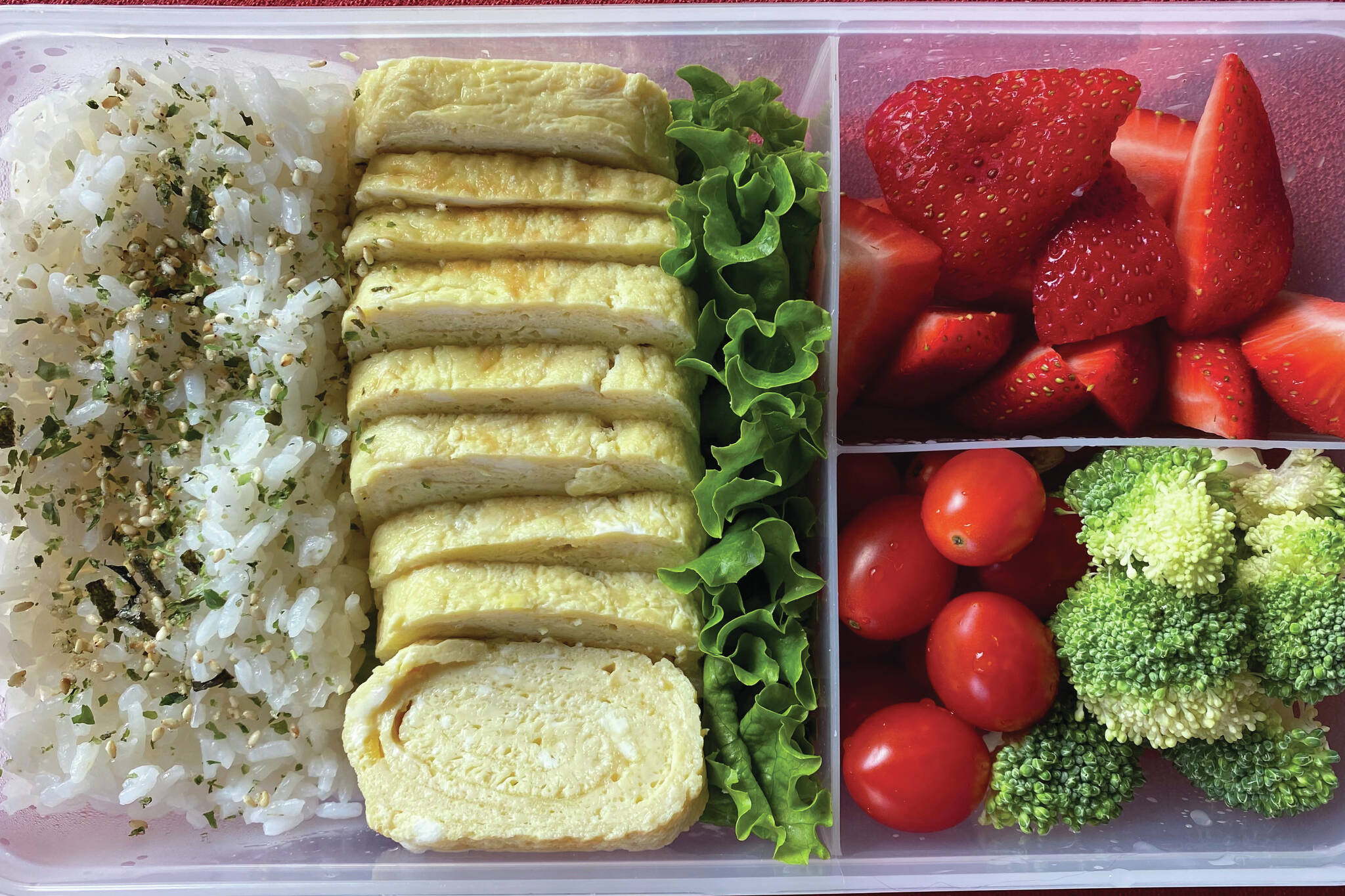 This bento box includes rice, fruit, vegetables and tomagoyaki, or Japanese rolled omelet. (Photo by Tressa Dale/Peninsula Clarion)