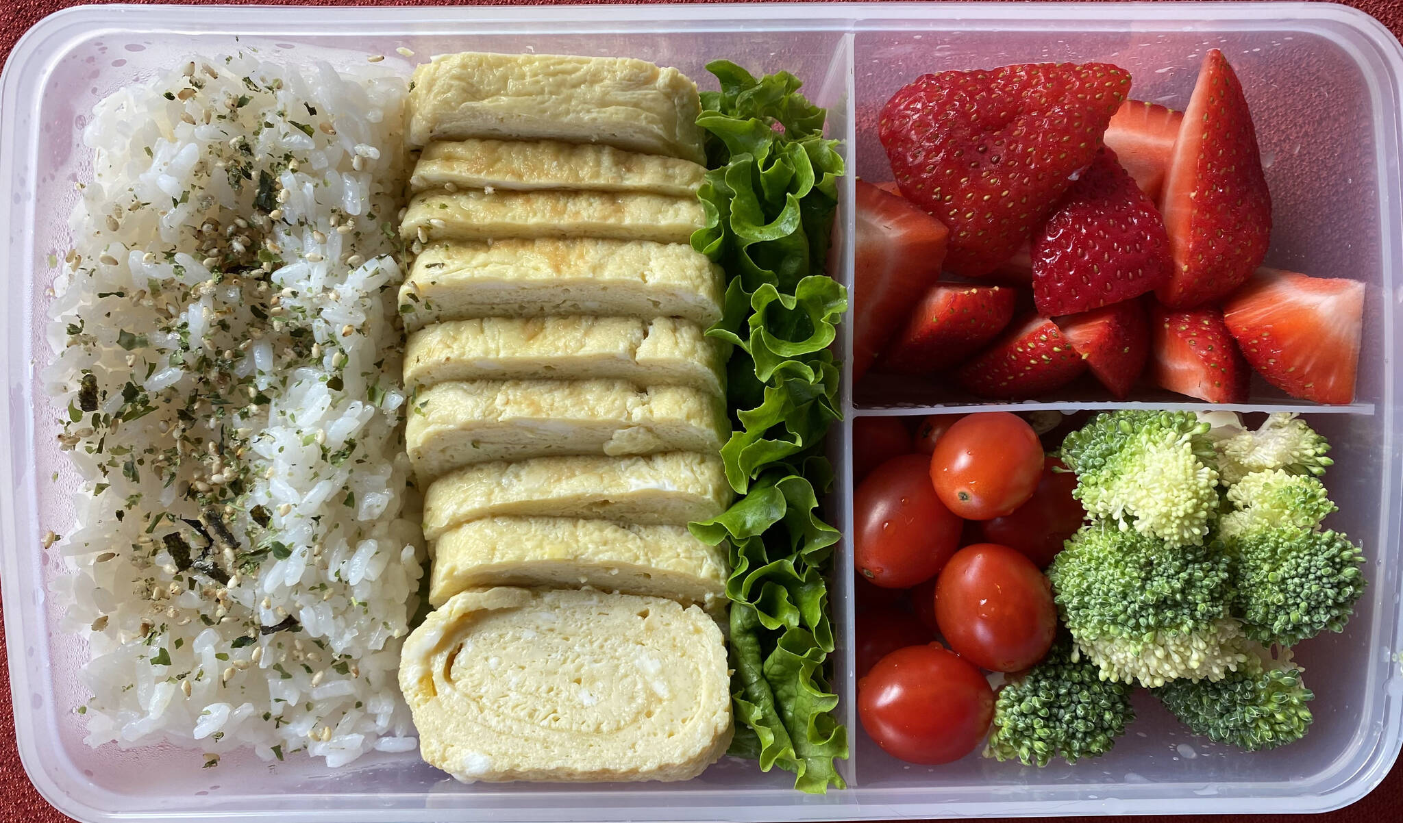 This bento box includes rice, fruit, vegetables and tomagoyaki, or Japanese rolled omelet. (Photo by Tressa Dale/Peninsula Clarion)