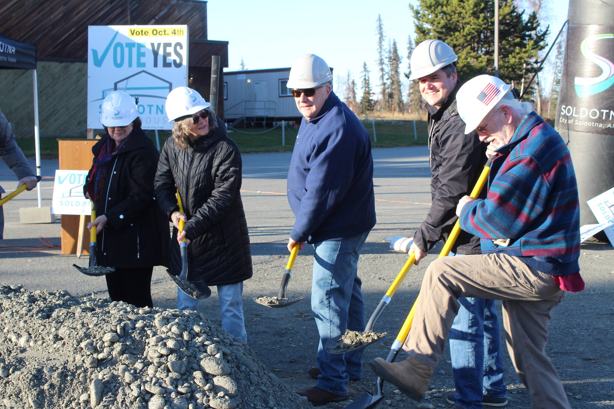 Soldotna city council members, staff and residents break ground on the Soldotna field house project on Friday, Oct. 20, 2023, in Soldotna, Alaska. (Ashlyn O’Hara/Peninsula Clarion)