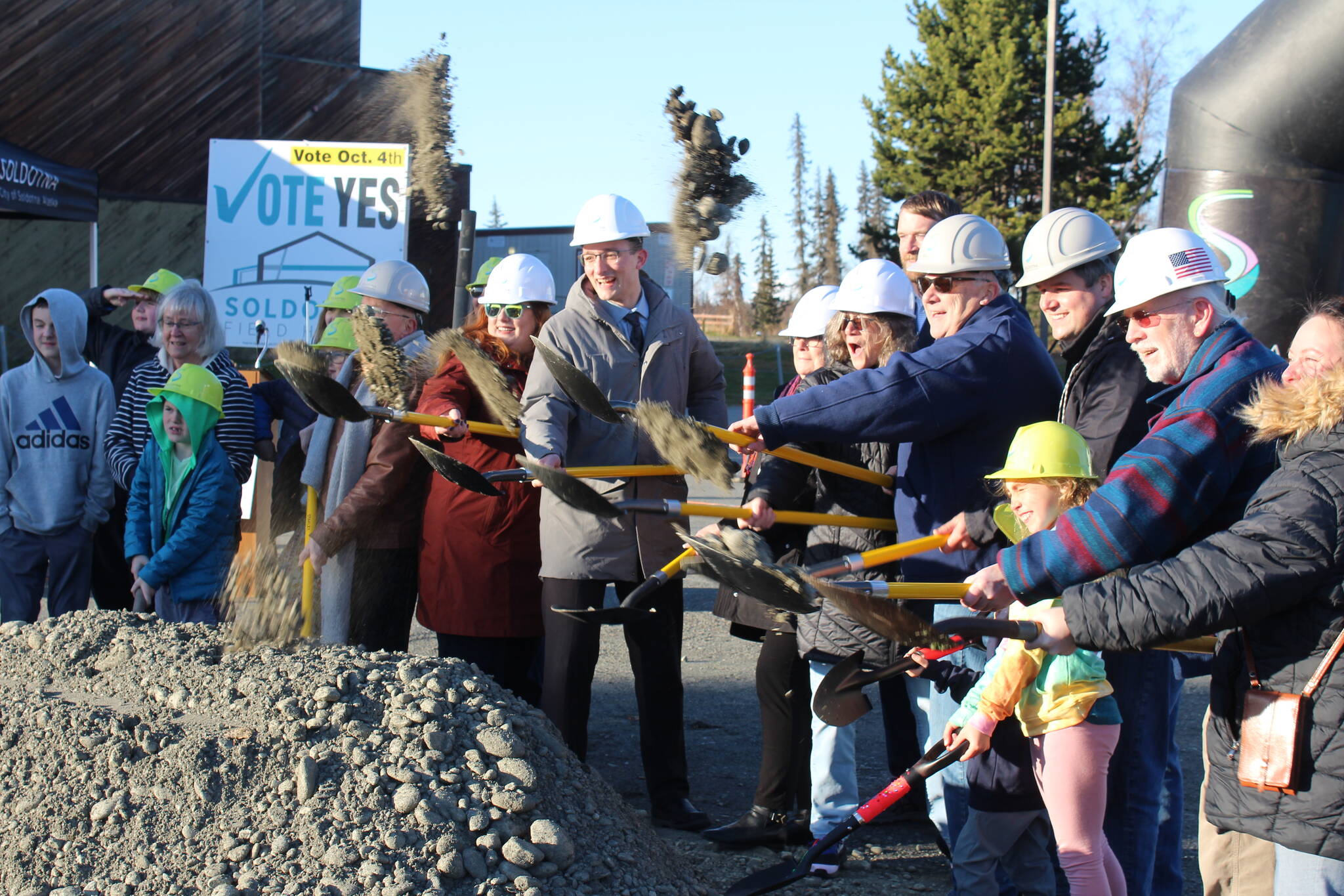 Soldotna city council members, staff and residents break ground on the Soldotna field house project on Friday, Oct. 20, 2023, in Soldotna, Alaska. (Ashlyn O’Hara/Peninsula Clarion)