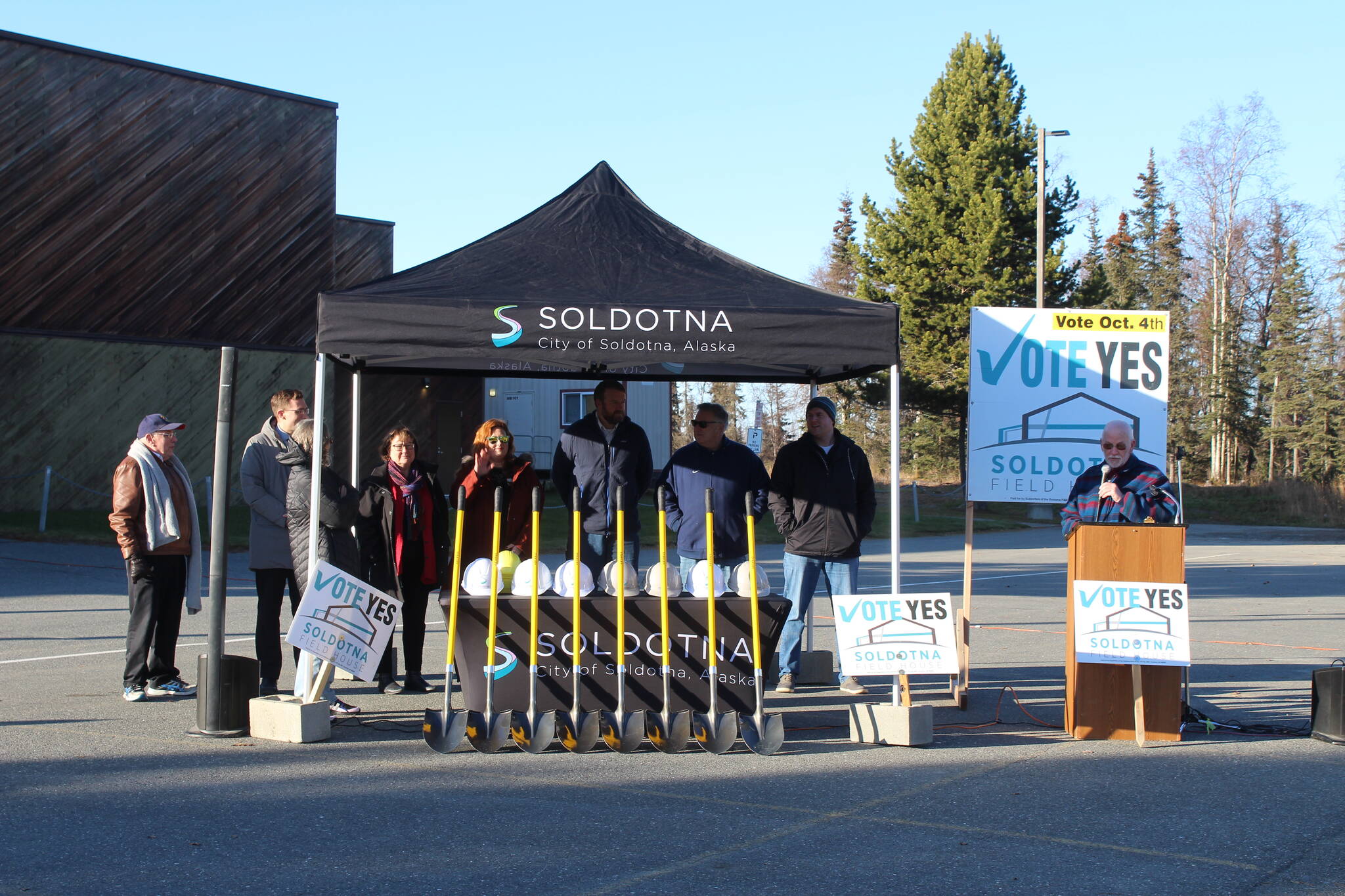 Soldotna city council members and city staff attend a groundbreaking event for the Soldotna field house project on Friday, Oct. 20, 2023, in Soldotna, Alaska. (Ashlyn O’Hara/Peninsula Clarion)