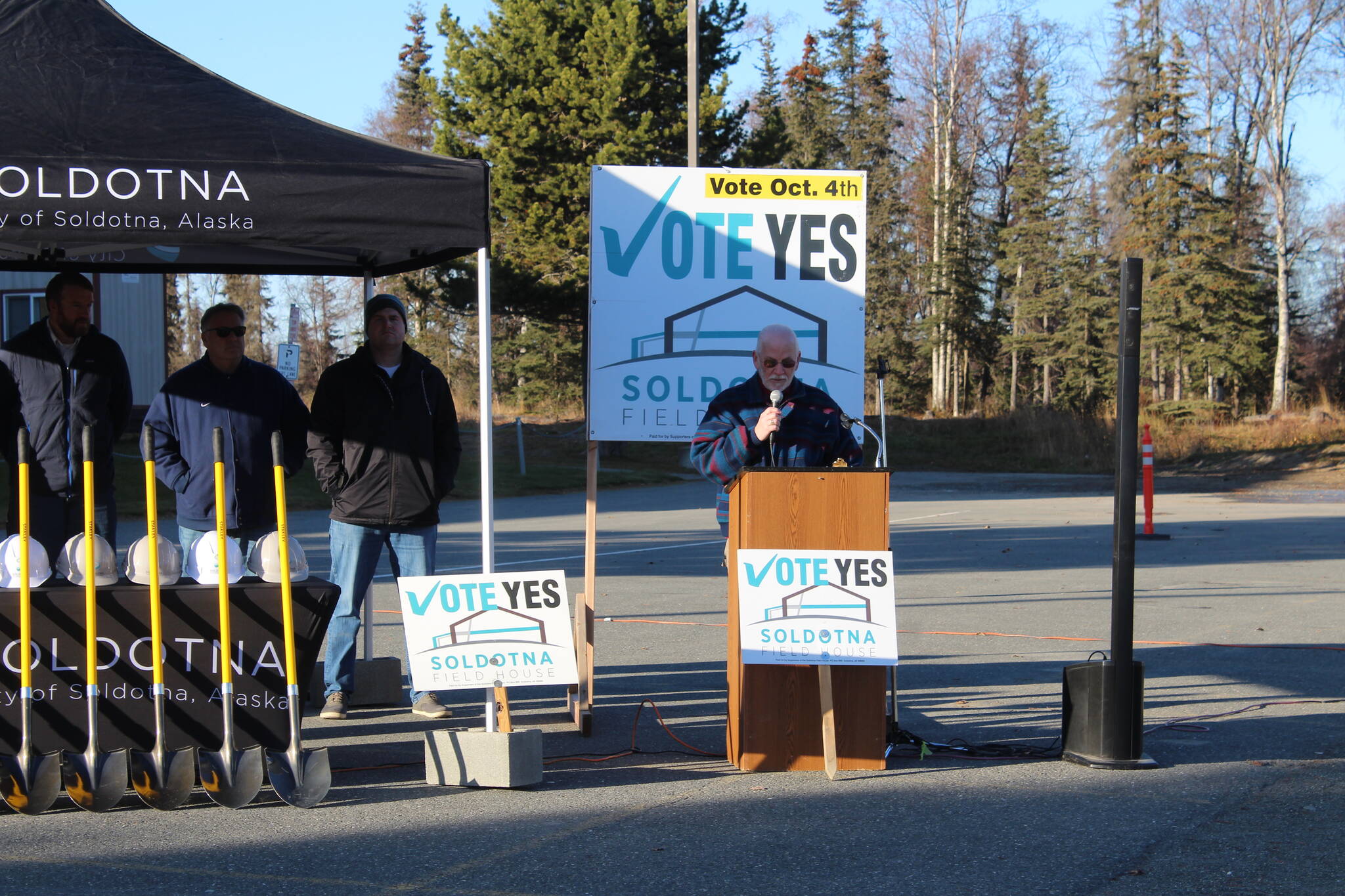 Soldotna Mayor Paul Whitney addresses attendees at a groundbreaking event for the Soldotna field house project on Friday, Oct. 20, 2023, in Soldotna, Alaska. (Ashlyn O’Hara/Peninsula Clarion)