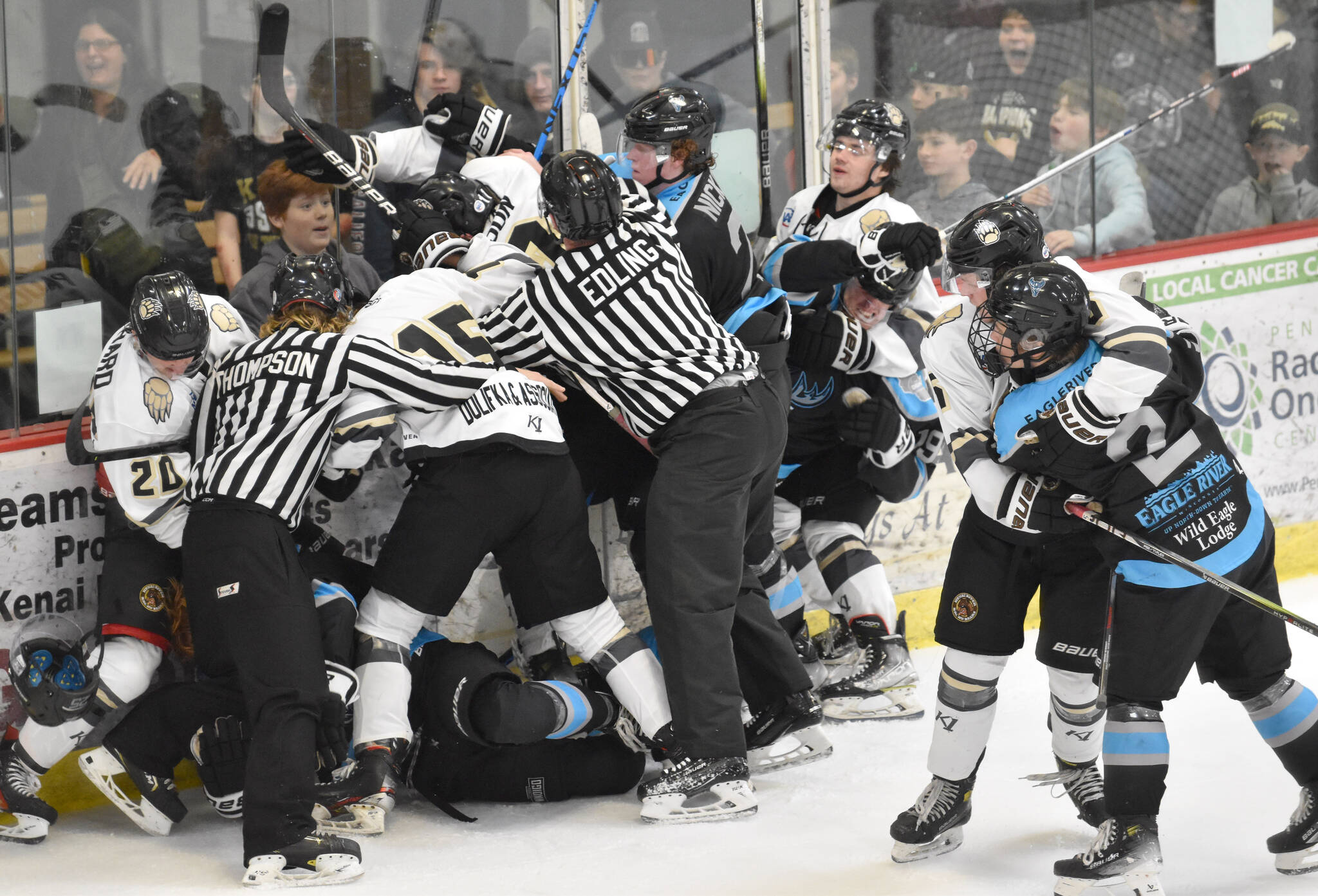 A scuffle breaks out between the Wisconsin Windigo and Kenai River Brown Bears on Friday, Oct. 20, 2023, at the Soldotna Regional Sports Complex in Soldotna, Alaska. (Photo by Jeff Helminiak/Peninsula Clarion)