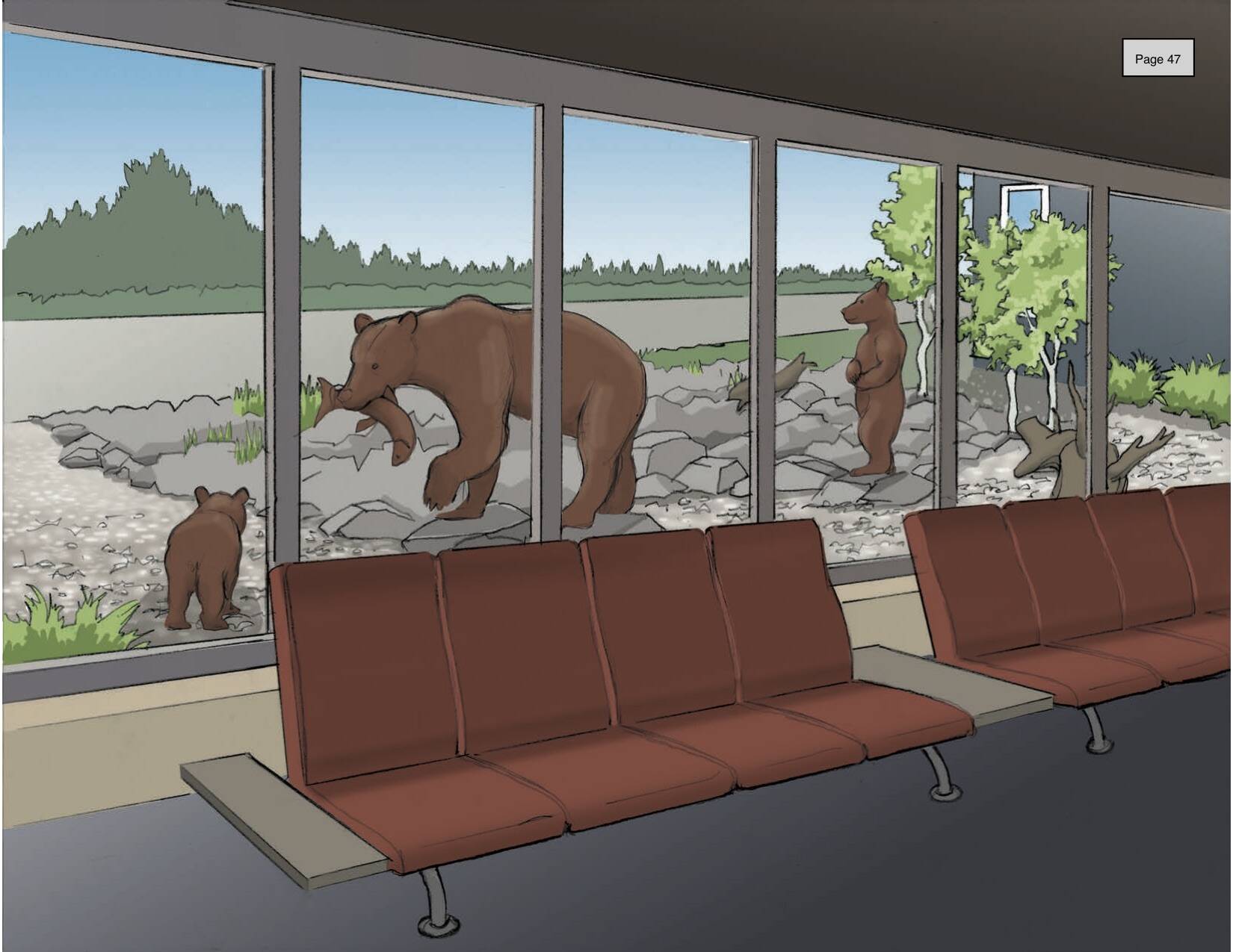 Statues of a sow and two bear cubs are seen in this mock-up of a potential sculpture at the Kenai Municipal Airport, in Kenai, Alaska. (Illustration via City of Kenai)