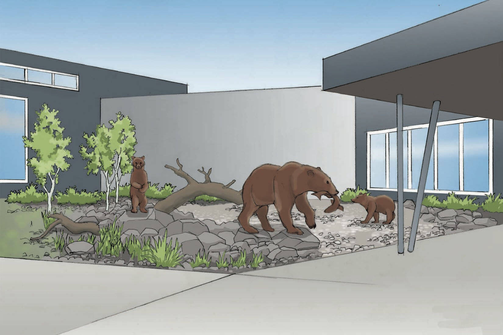 Statues of a sow and two bear cubs are seen in this mock-up of a potential sculpture at the Kenai Municipal Airport, in Kenai, Alaska. (Illustration via City of Kenai)