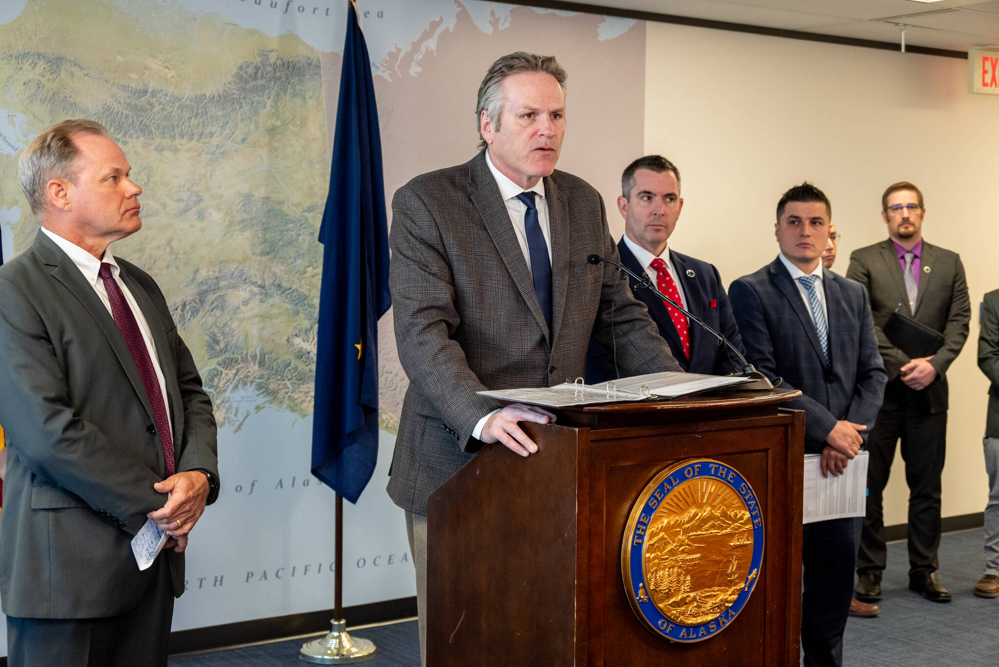 From left, Anchorage Mayor Dave Bronson, Gov. Mike Dunleavy, Alaska Department of Natural Resources Commissioner John Boyle and Alaska Department of Revenue Deputy Commissioner Fadil Limani discuss Cook Inlet oil and gas shortages during a press conference on Thursday, Oct. 26, 2023 in Anchorage, Alaska. (Photo courtesy the Office of the Governor)