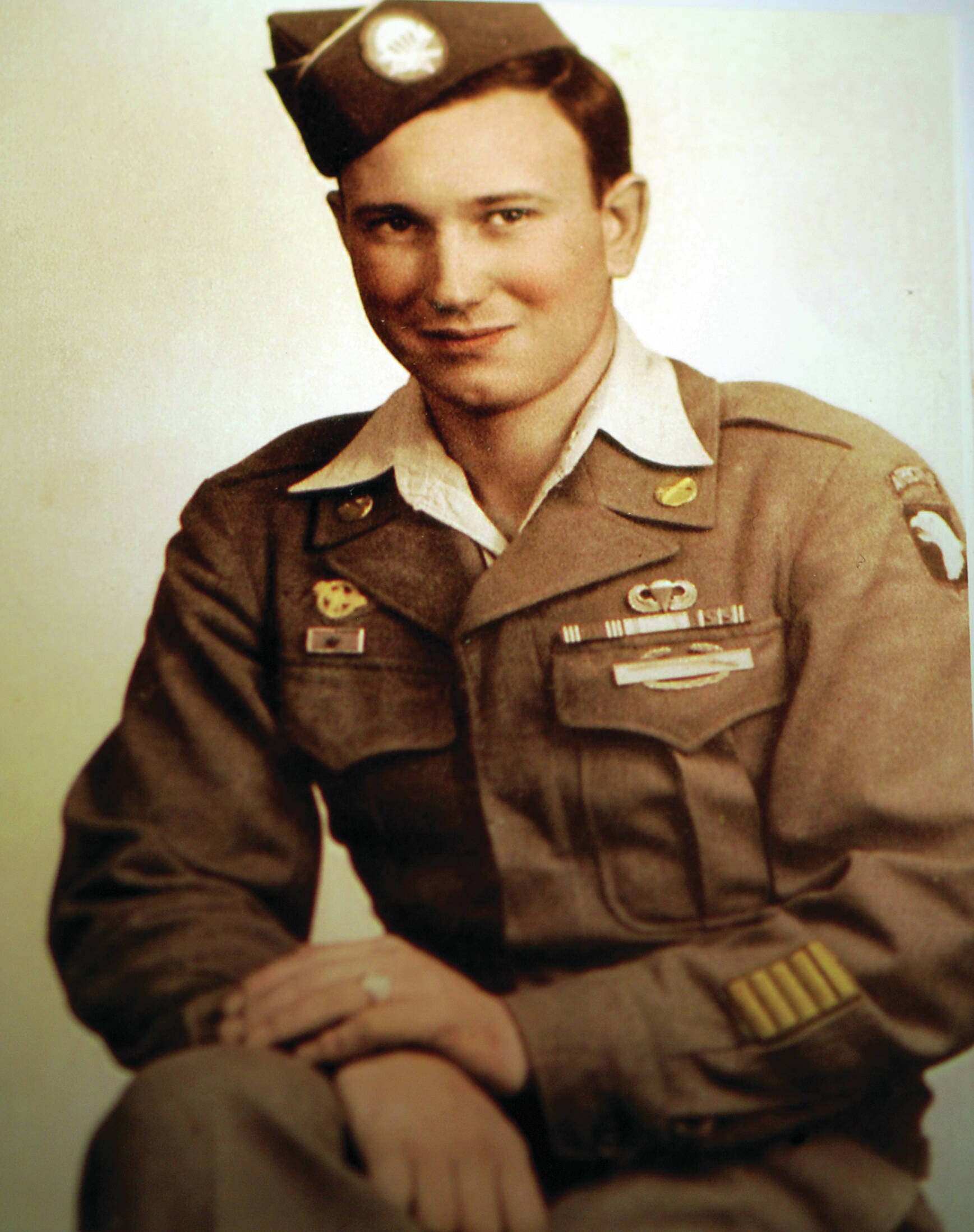 Photo courtesy of the Ball Family Collection
After being honorably discharged from the U.S. Army in 1945, Arlon Elwood “Jackson” Ball posed for this photograph, demonstrating his five years of military service through his many ribbons, badges and patches.