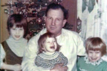 This photo from the early 1960s shows Jackson Ball enjoying the Christmas holidays with his eldest three daughters. His fourth and youngest daughter was born less than a year and a half before Ball’s death in 1968. (Photo from Ball Family memorial slideshow, 2022)