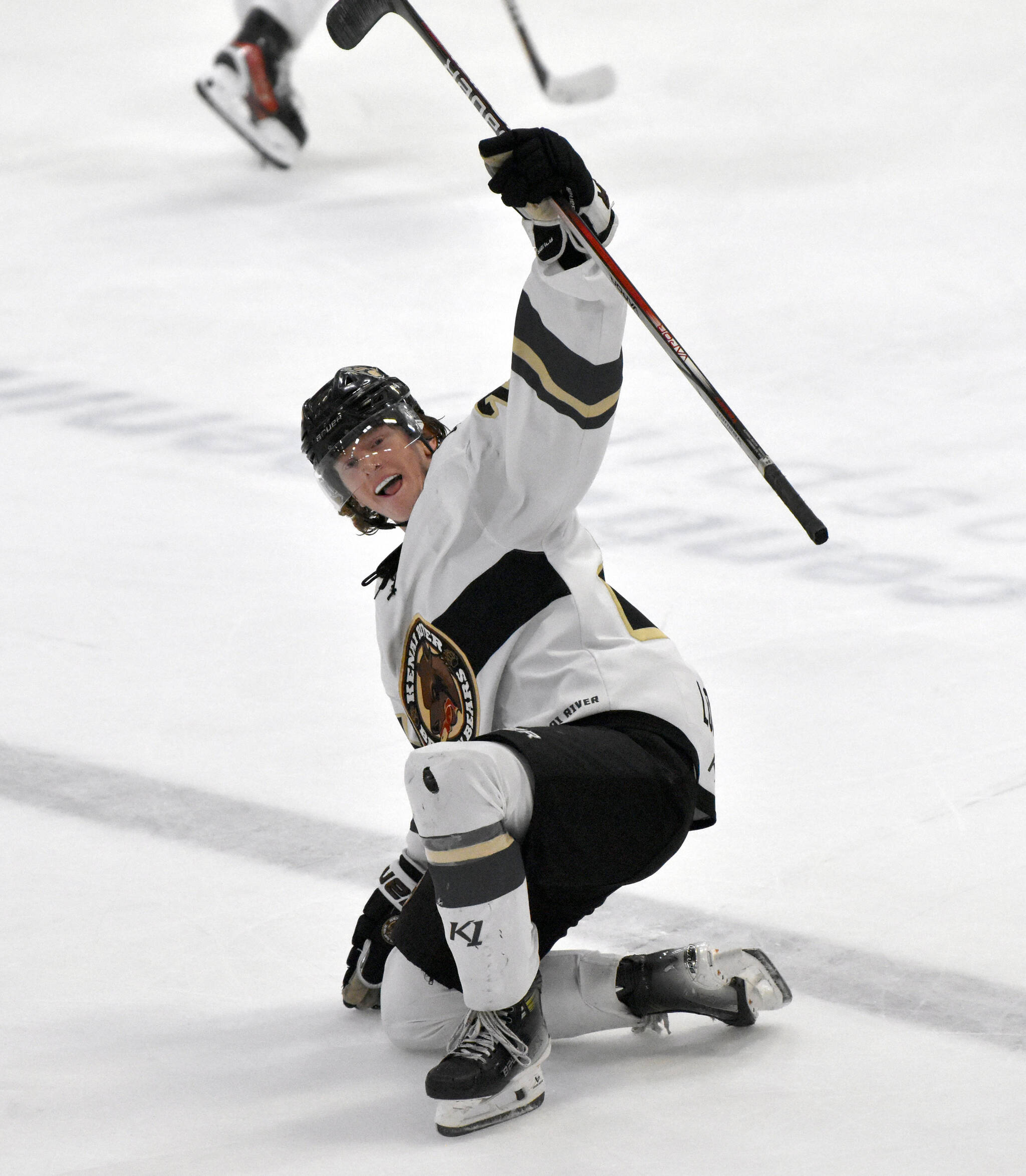 Jackson Ebbott of the Kenai River Brown Bears celebrates a goal against the Fairbanks Ice Dogs on Saturday, Nov. 4, 2023, at the Soldotna Regional Sports Complex in Soldotna, Alaska. (Photo by Jeff Helminiak/Peninsula Clarion)