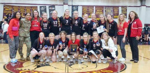 The Kenai Central volleyball team after winning the Southcentral Conference tournament Saturday, Nov. 4, 2023, at Grace Christian in Anchorage, Alaska. (Photo provided)