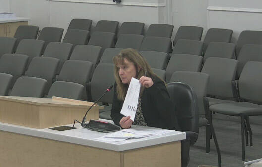 KPBSD Finance Director Liz Hayes presents information to school board members during the third installment of the district’s “Budget 101” information series on Monday, Nov. 6, 2023, in Soldotna, Alaska. (Screenshot)