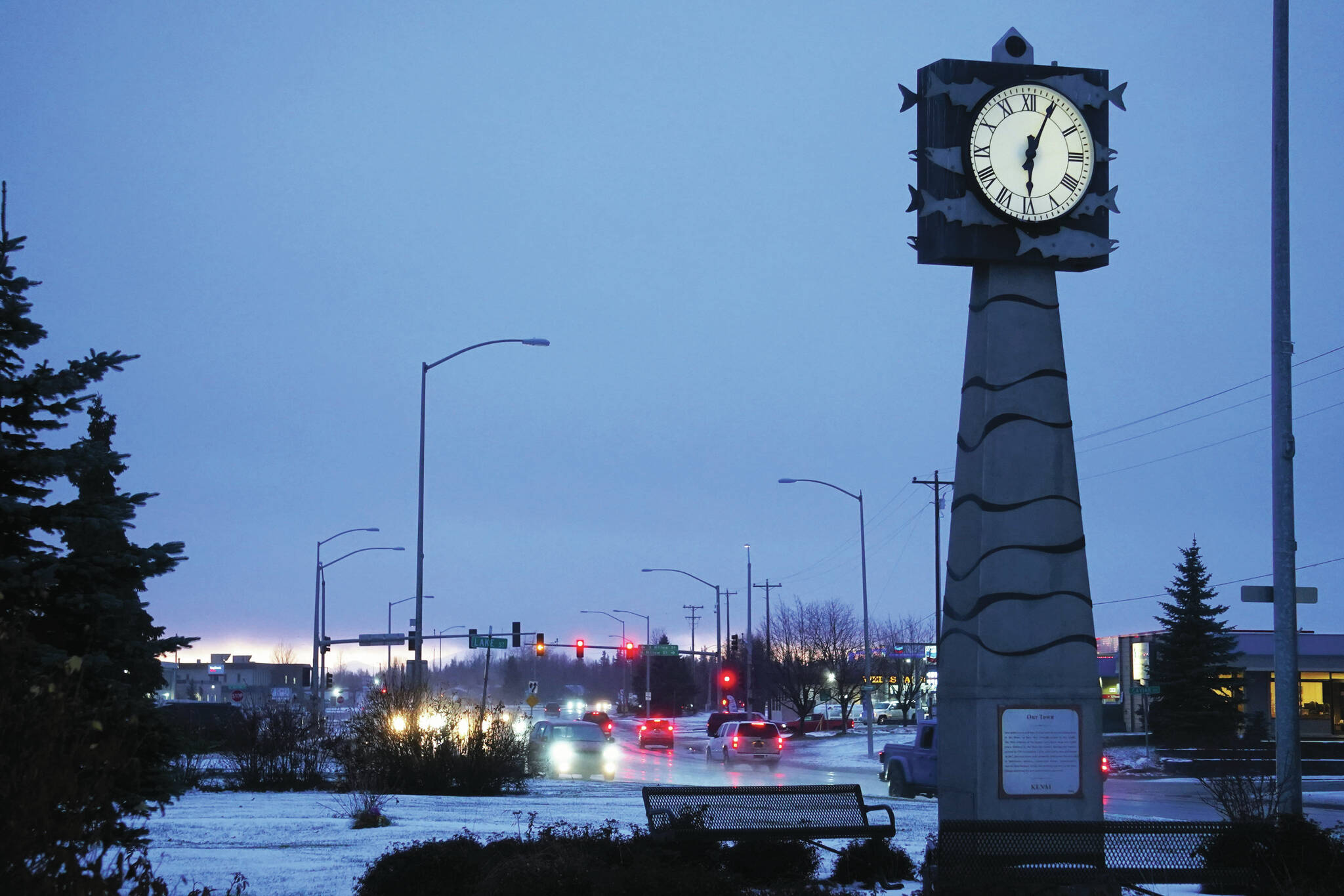 Cars travel over the Kenai Spur Highway in Kenai, Alaska, after snow and rain fell Wednesday, Nov. 8, 2023. (Jake Dye/Peninsula Clarion) 
Jake Dye/Peninsula Clarion
Cars travel over the Kenai Spur Highway in Kenai after snow and rain fell Wednesday.