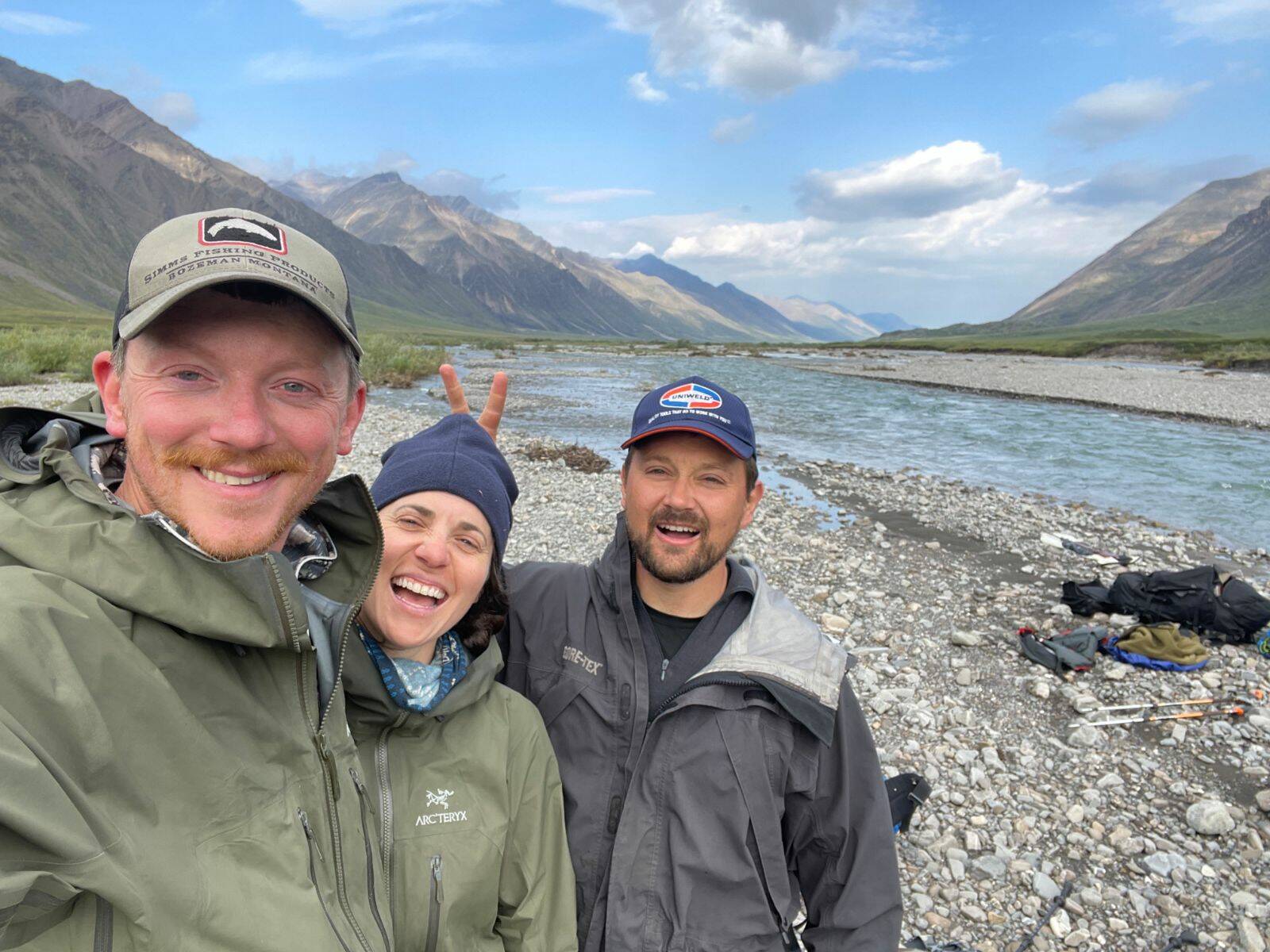 From left: Buck Kunz, Maura Schumacher and Ben Meyer pose during their pack-rafting trip in the Brooks Range in August 2023. (Photo courtesy Ben Meyer)