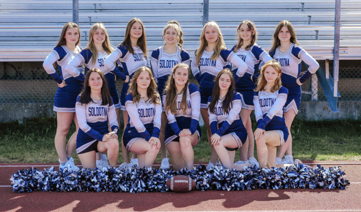 The Soldotna cheerleading team. Top row, left to right: Alyssa Adams, Savannah Hawkins, Savvy Yaeger, Gracie Bras, Mazzy Bundy, Lily Hannevold, Lynzie Denbow. Bottom row, left to right: Tayler Ruffner, Angelina Beck, Lacy Nye, Zoey McCoy, Hailey Stonecipher. (Photo provided)