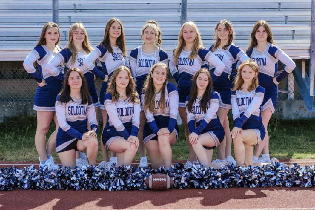 The Soldotna cheerleading team. Top row, left to right: Alyssa Adams, Savannah Hawkins, Savvy Yaeger, Gracie Bras, Mazzy Bundy, Lily Hannevold, Lynzie Denbow. Bottom row, left to right: Tayler Ruffner, Angelina Beck, Lacy Nye, Zoey McCoy, Hailey Stonecipher. (Photo provided)