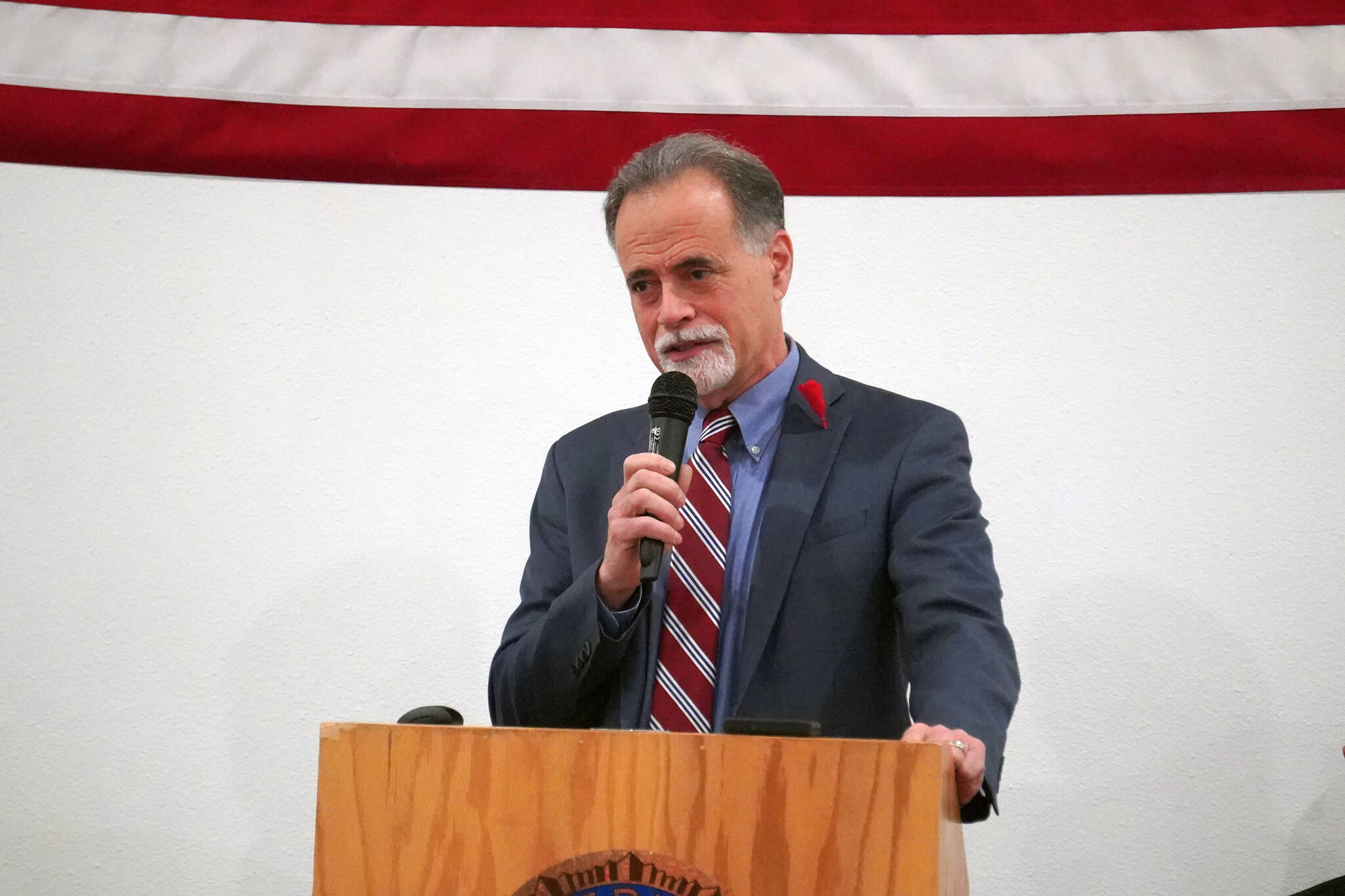 Kenai Peninsula Borough Mayor Peter Micciche speaks during a Veterans Day celebration at the American Legion Post 20 in Kenai, Alaska, on Saturday, Nov. 11, 2023. (Jake Dye/Peninsula Clarion)