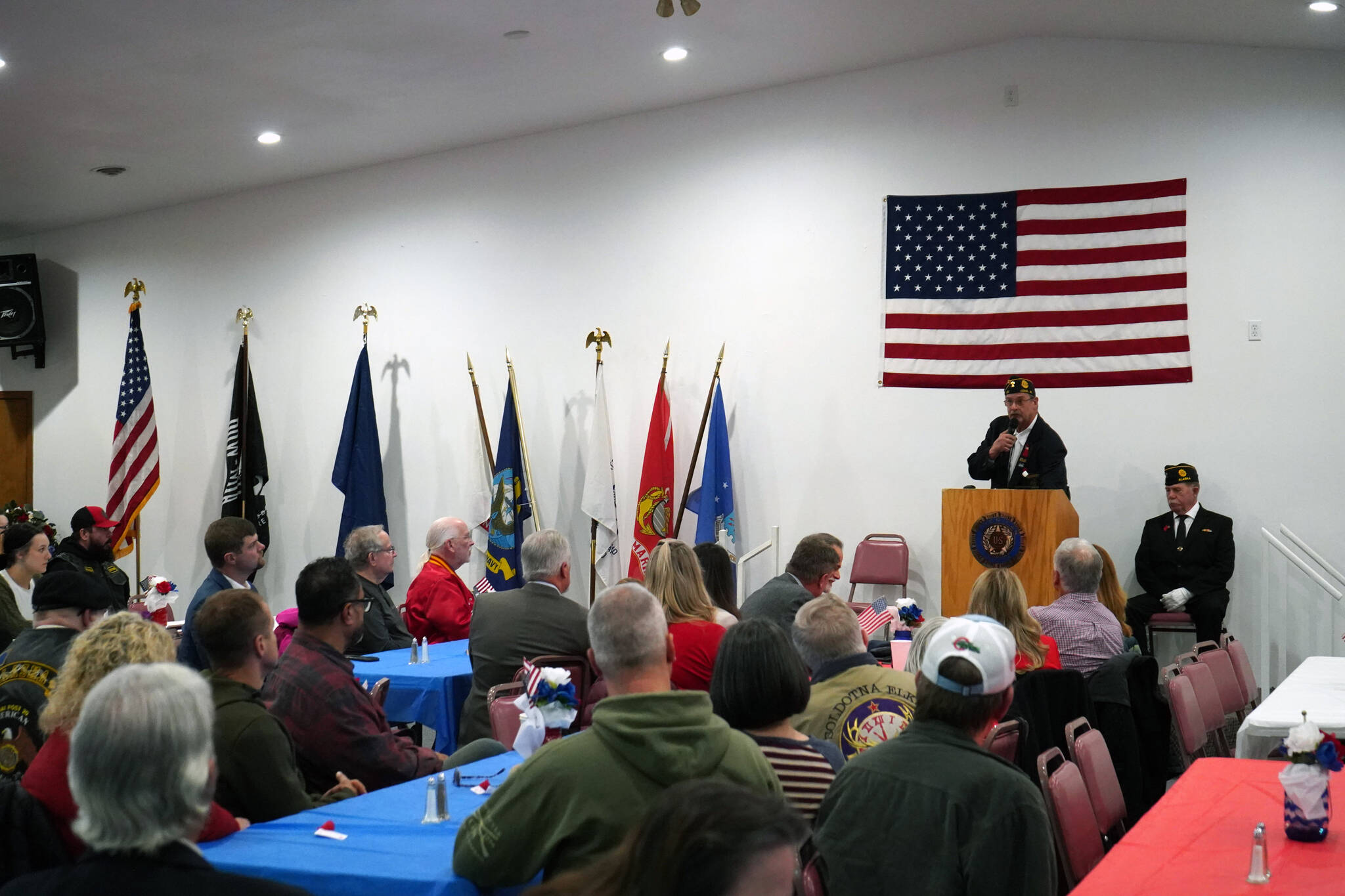 Post 20 Past Cmdr. David Segura speaks during a Veterans Day celebration at the American Legion Post 20 in Kenai, Alaska, on Saturday, Nov. 11, 2023. (Jake Dye/Peninsula Clarion)