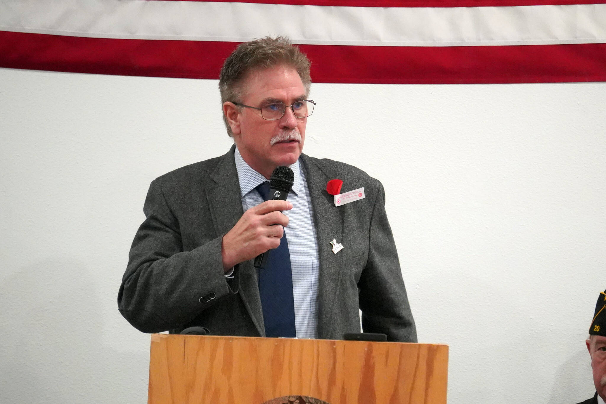 City of Kenai Mayor Brian Gabriel speaks during a Veterans Day celebration at the American Legion Post 20 in Kenai, Alaska, on Saturday, Nov. 11, 2023. (Jake Dye/Peninsula Clarion)