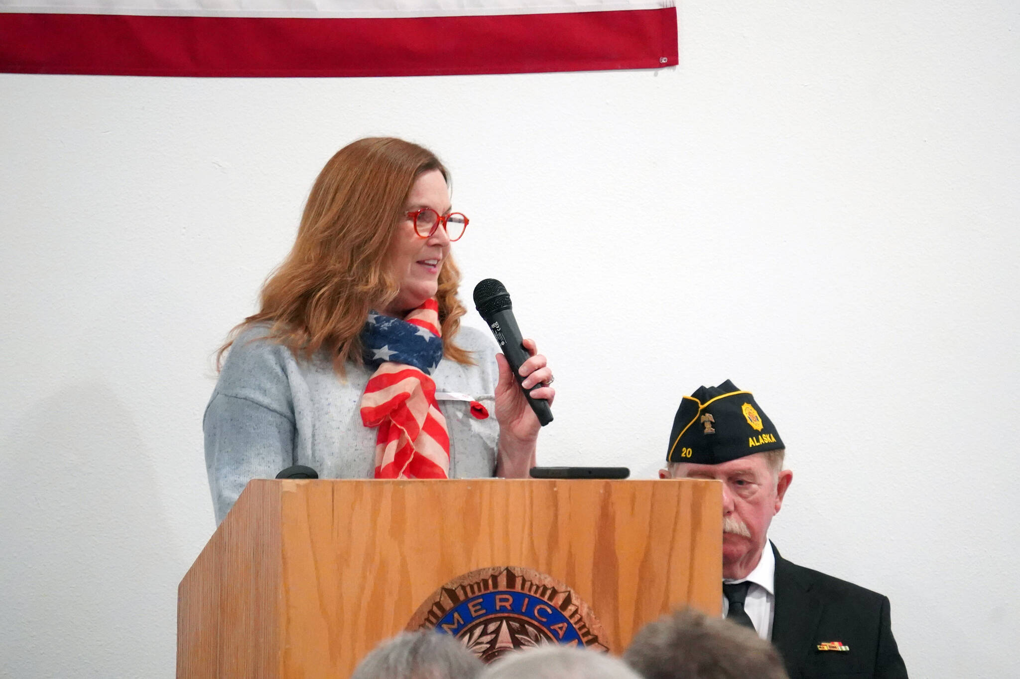 Tanya Lautaret, representative for Sen. Lisa Murkowski, speaks during a Veterans Day celebration at the American Legion Post 20 in Kenai, Alaska, on Saturday, Nov. 11, 2023. (Jake Dye/Peninsula Clarion)