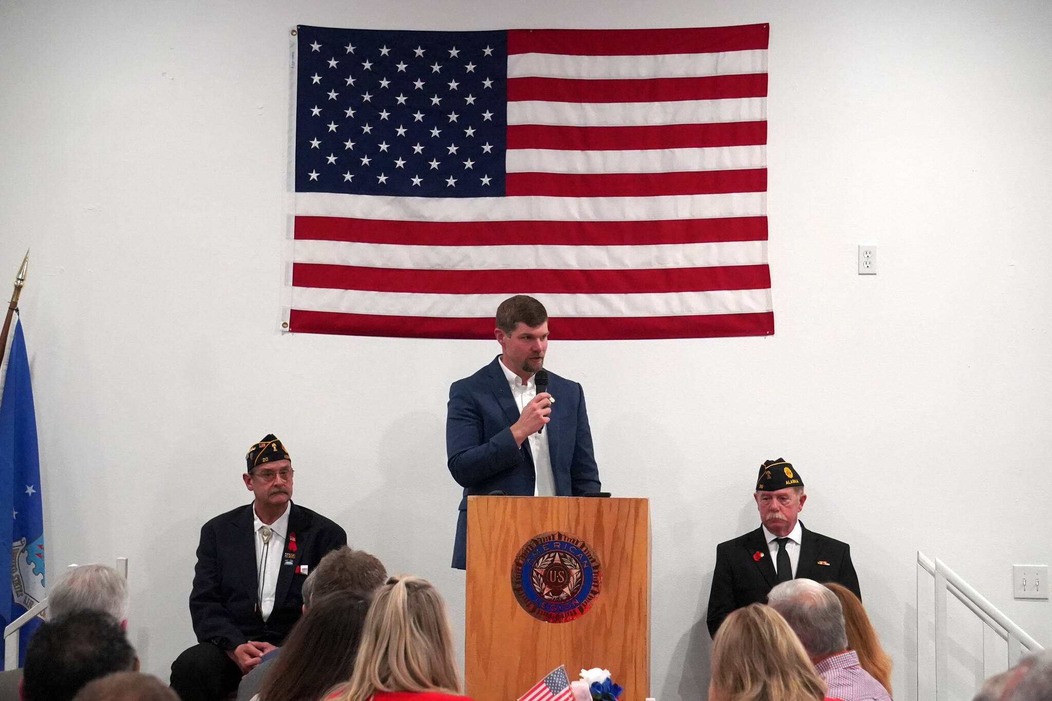 State Sen. Jesse Bjorkman, R-Nikiski, speaks during a Veterans Day celebration at the American Legion Post 20 in Kenai, Alaska, on Saturday, Nov. 11, 2023. (Jake Dye/Peninsula Clarion)