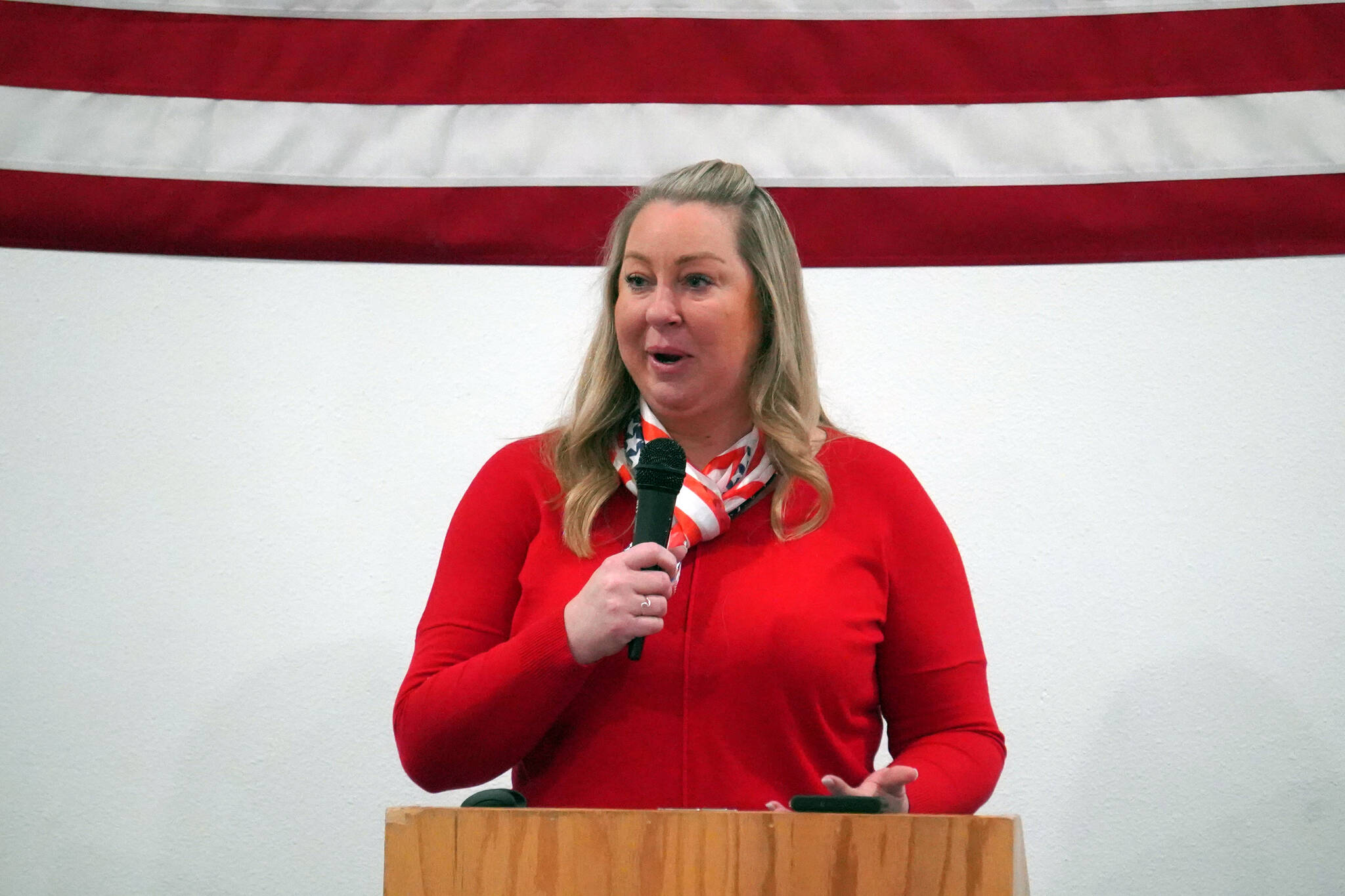 Gov. Mike Dunleavy’s Regional Director Jill Schaefer speaks during a Veterans Day celebration at the American Legion Post 20 in Kenai, Alaska, on Saturday, Nov. 11, 2023. (Jake Dye/Peninsula Clarion)